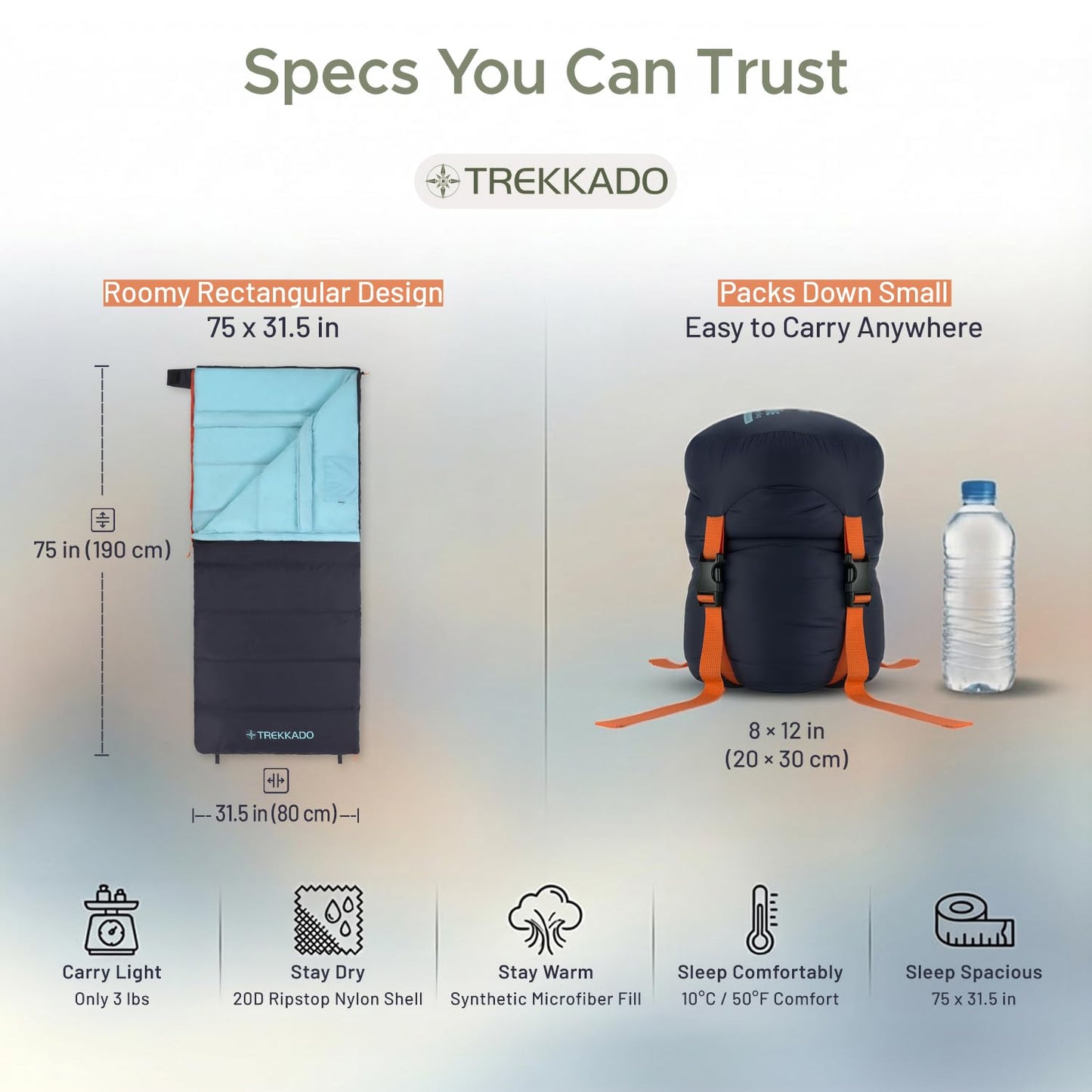 Trekkado DuraHike Lightweight Camping Sleeping Bag for Adults — Roomy Rectangular Comfort, Secure Pad Attachment, Compact & Packable, 10°C / 50°F Comfort – Classic Blue