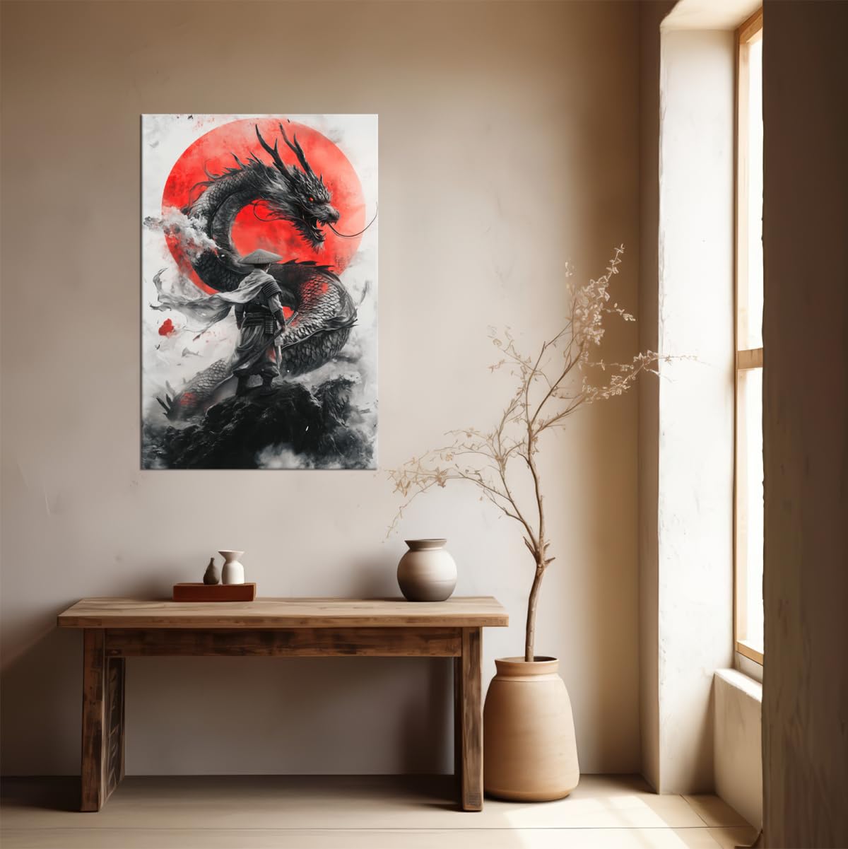 Samurai Black Dragon Canvas Wall Decor Red Sun Japanese Warrior Art Print Asian Dragon Poster for Living Room Bedroom Ready To Hang-18x24 inch