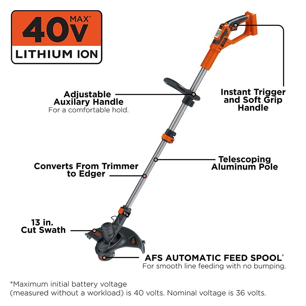 BLACK+DECKER 40V MAX String Trimmer and Lawn Edger, 13 Inch Weed Eater, Far Reach, Battery and Charger Not Included (LST136B)