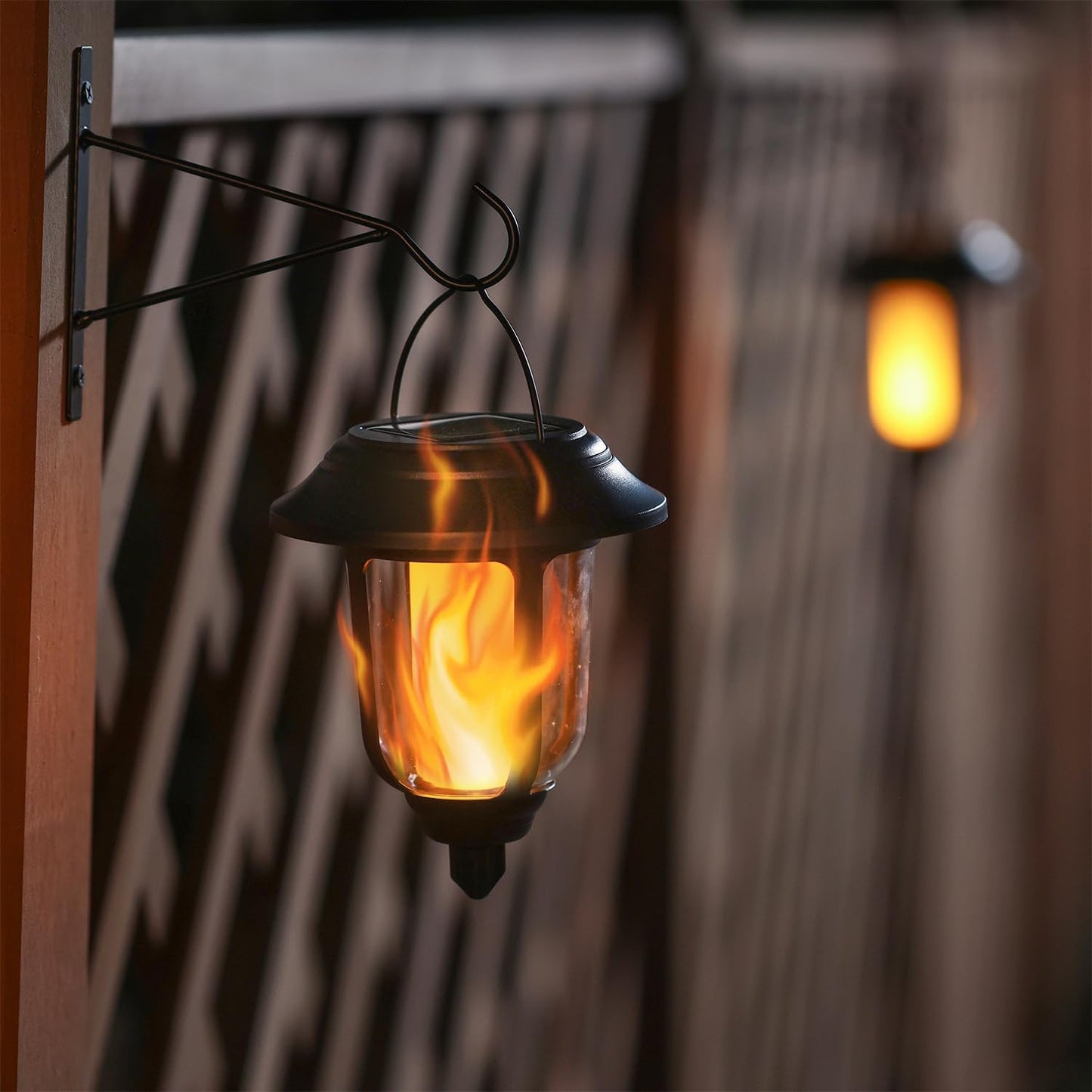 Dynaming 2 Pack Solar Flame Lanterns Outdoor, Hanging Solar Powered Wall Mounted Sconce Lights, Flickering Flame LED Light Auto On/Off, Waterproof for Garage Stair Patio Front Porch Yard