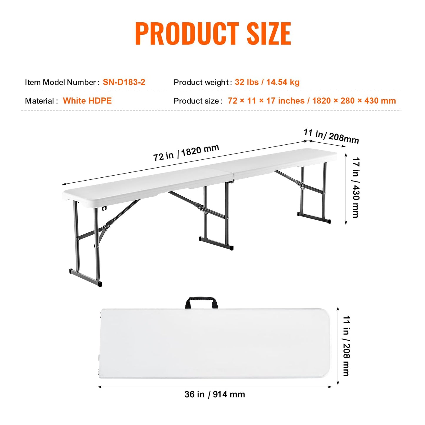 VEVOR Plastic Folding Bench, 6ft Portable Folding Bench, Smooth High Density Polyethylene Waterproof Outdoor Bench, Picnic Camping Table with Handle for Garden Soccer Playtime, White (2 Pack)