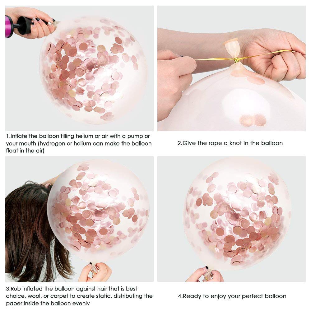 Rose Gold Confetti Latex Balloons, 60 Pack White Balloons 12 Inch with Gold Ribbon for Birthday Party, Wedding, Bridal Shower Decorations