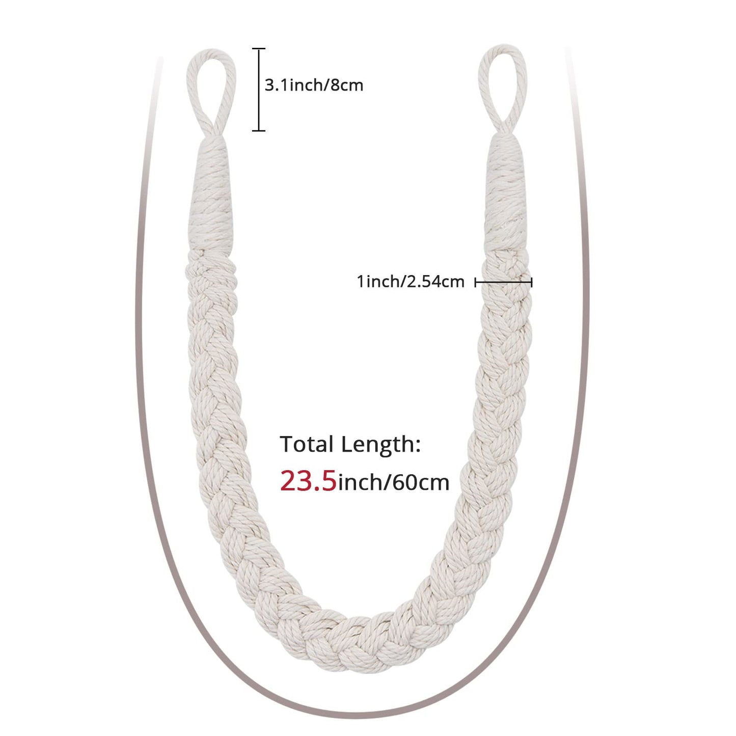 NICEEC 2 Pack Natural Cotton Rope Curtain Tiebacks Elegant Boho Style Decorative Drape Tie Backs Soft Hand-Woven Rope Curtain Holdbacks with Metal Hook for Home & Office Drapery (Beige)