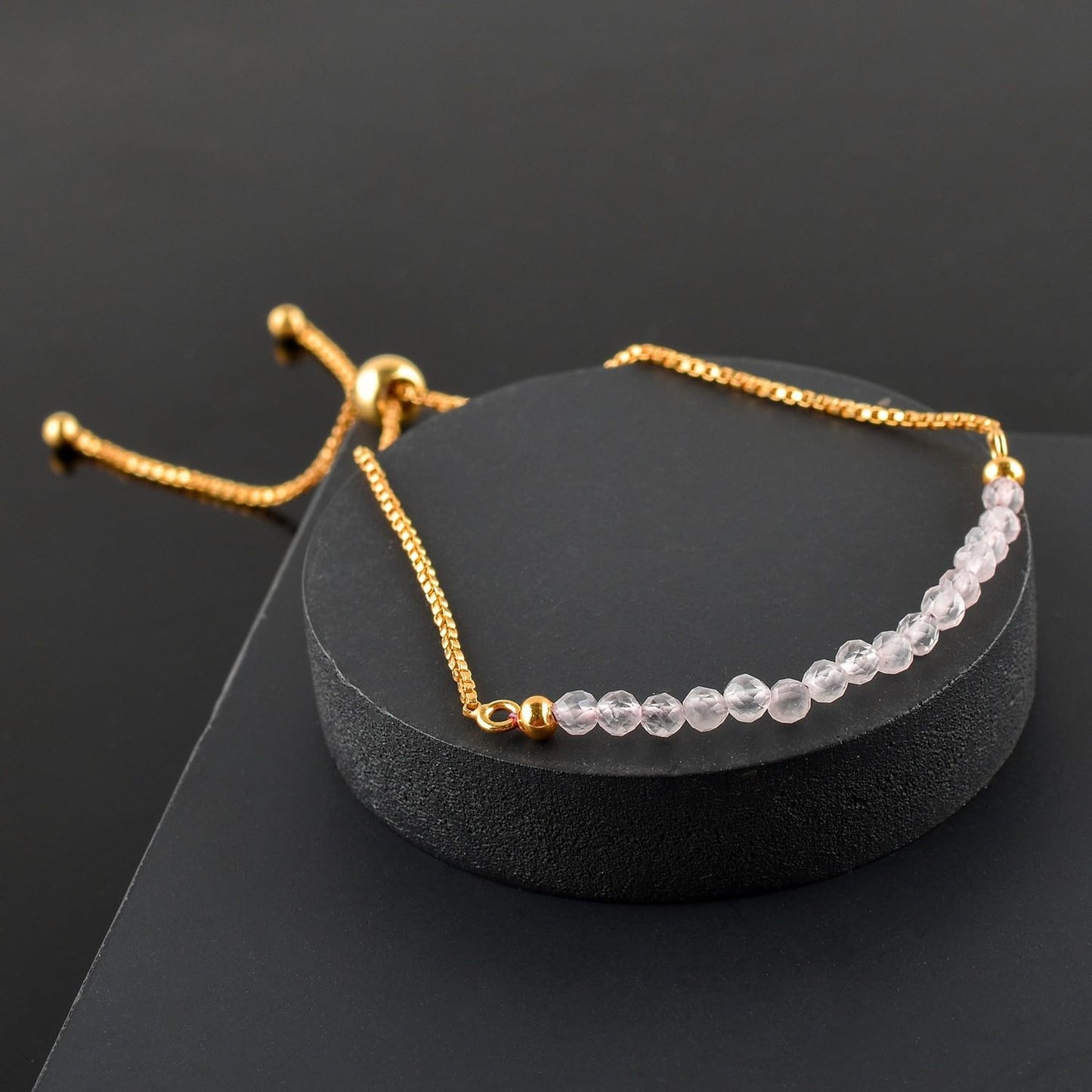 QNAVIC Natural Rose Quartz Gemstone Micro Beaded Dainty Slider Bolo Bracelet, Handmade Jewelry for women, Healing Chakra Crystals Birthstone Gift for Her, 14K Gold Plated Chain 6-9 inch