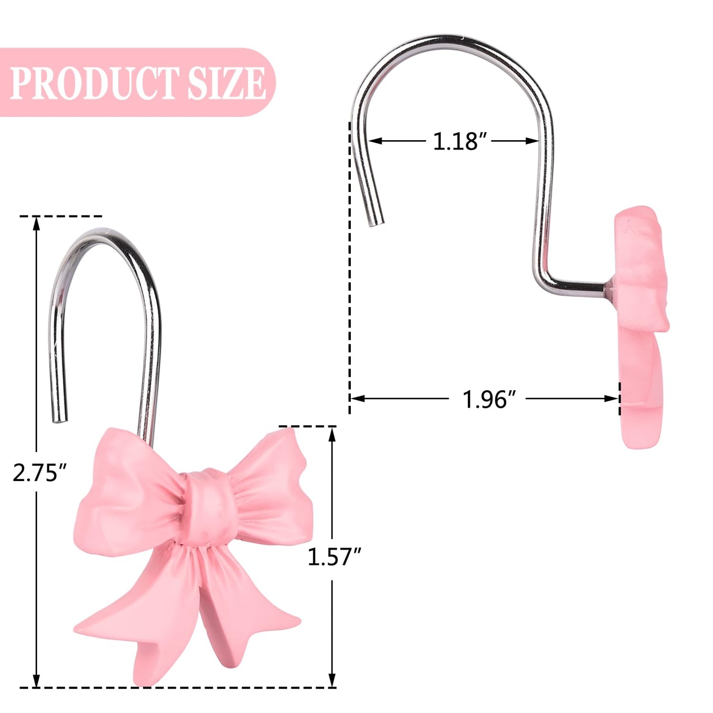 12pcs Bow Knot Shower Curtain Hooks,Home Decorative Shower Curtain Rings for Bathroom,Resin Shower Curtain Hangers Bathroom Accessories (Pink)