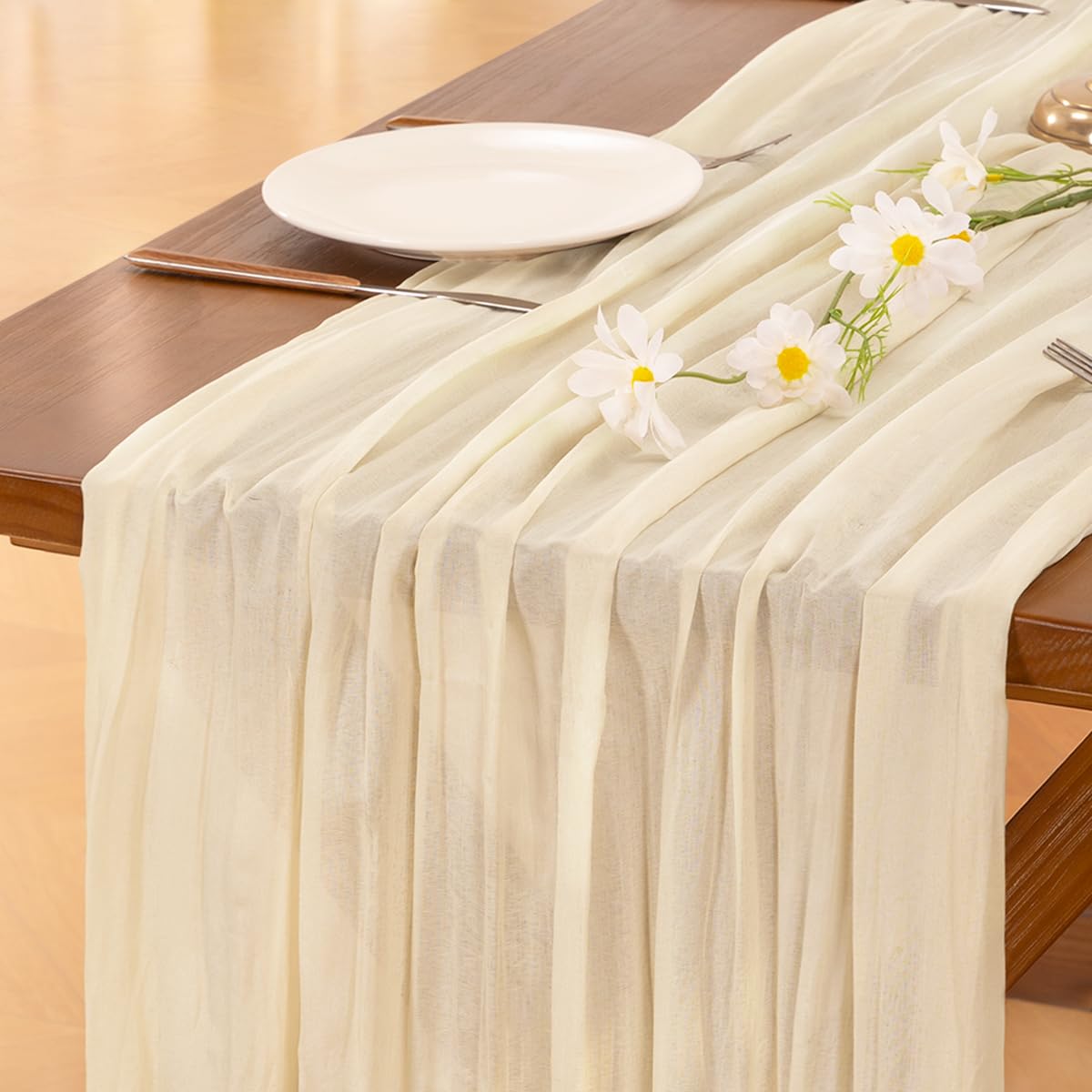 Socomi Beige Cheesecloth Table Runner Summer Boho Rustic Gauze 120 inch 10FT Cheese Cloth Sheer Runner for Wedding Party Baby Shower Birthday Home Decor Holiday Decorations