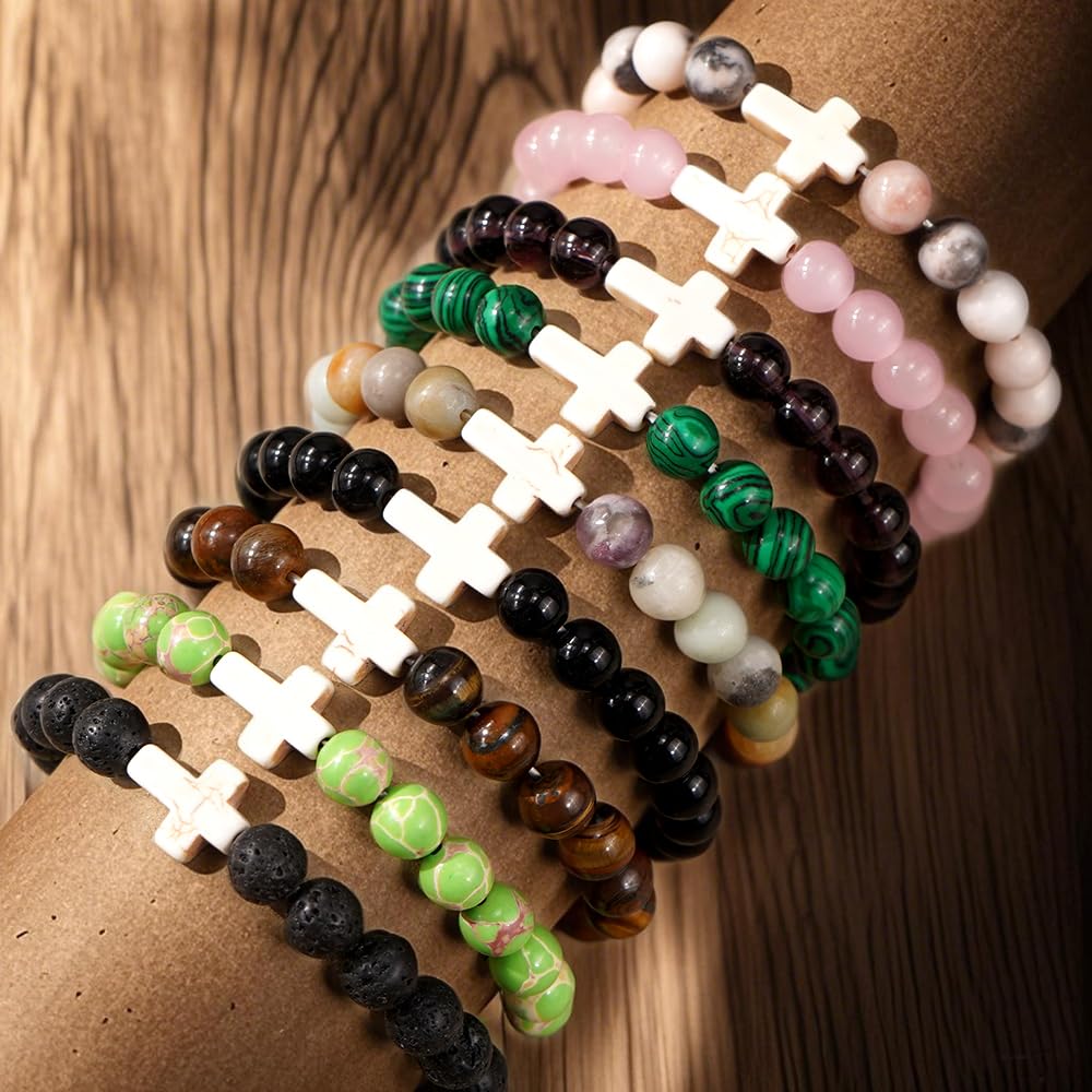 SHINUS BOHO Dainty Christian Cross Green Turquoise Gemstone Beaded Religious Cross Crystal Chakra Bracelets for Women Men Natural Worry Stone Healing Stretch Best Friends Jewelry Gift