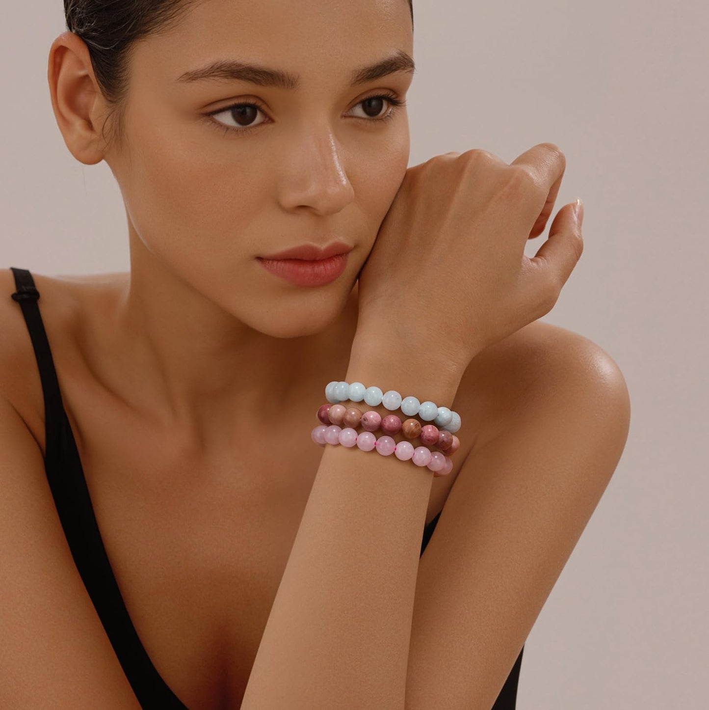 Vinswet Healing Crystal Bracelets for Women Men 8mm Rose Quartz Aquamarine Rhodochrosite Natural Stone Beaded Stretch Bracelet Triple Protection Handmade Gemstone Reiki Spiritual Jewelry Gifts