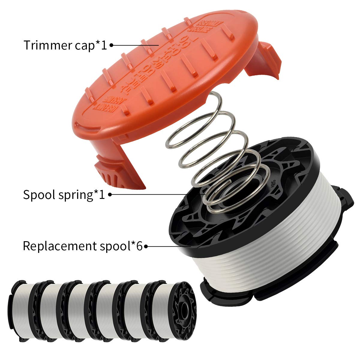 String Trimmer Line for Black and Decker Trimmer/Edger, AF-100, 6 Spools , 1 Cap , 1 Spring