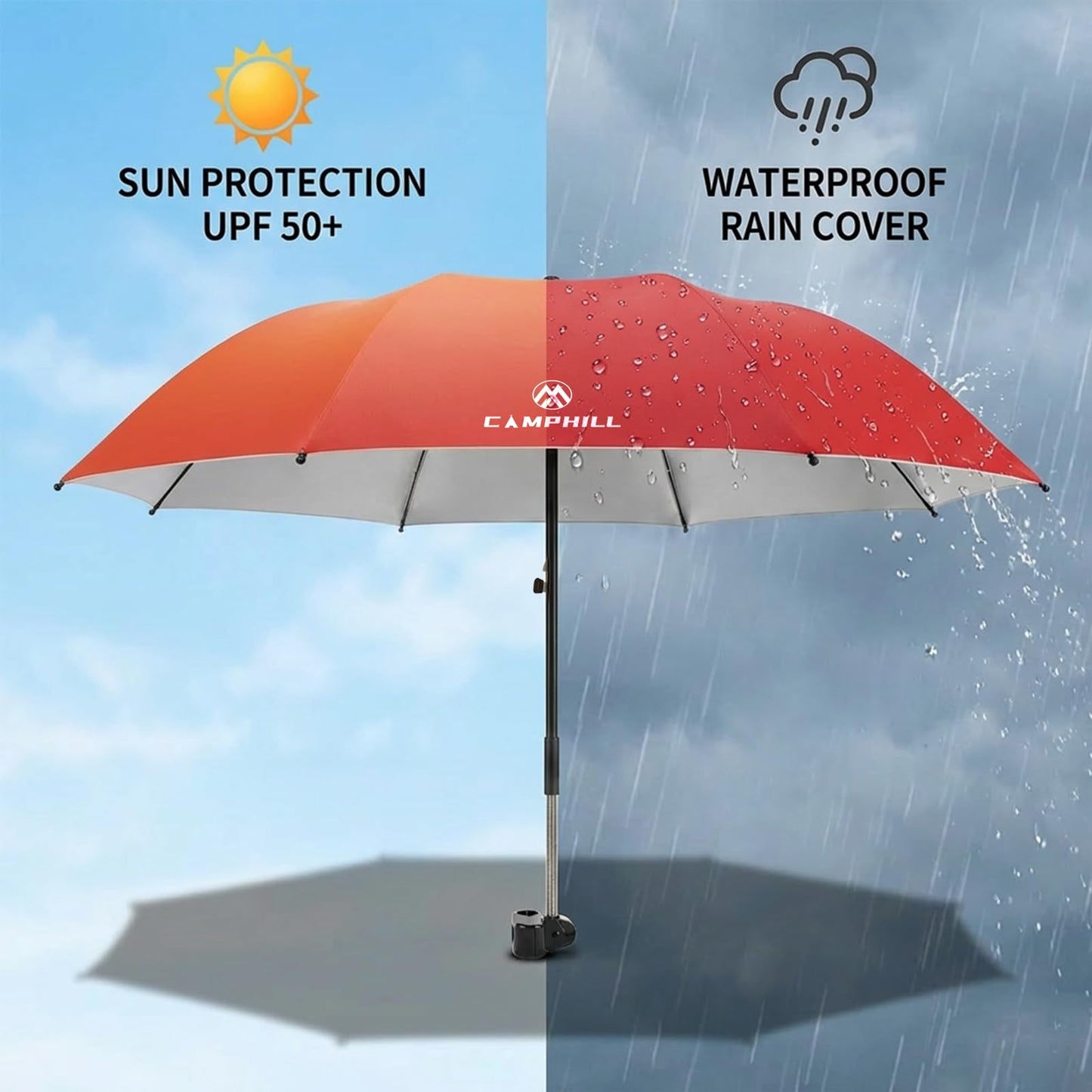 CAMPHILL 2 Pack Beach Umbrella with Clamp Sun Shade,Adjustable Umbrellas with Clip,UPF50+ Sunshade for Beach Chair,Stroller,Fishing,Camping,Patio,Wheelchair,Golf Carts,Red