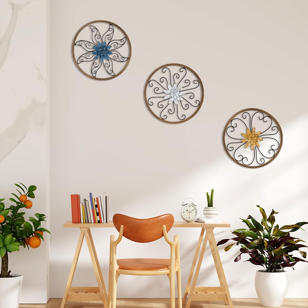 hogardeck Metal Flower Wall Decor - 3 pcs 11" Metal Wood Floral Wall Decoration with 6 Piece Interchangeable Flowers, Hanging Rustic Wall Art for Bedroom, Living Room, Bathroom, Kitchen