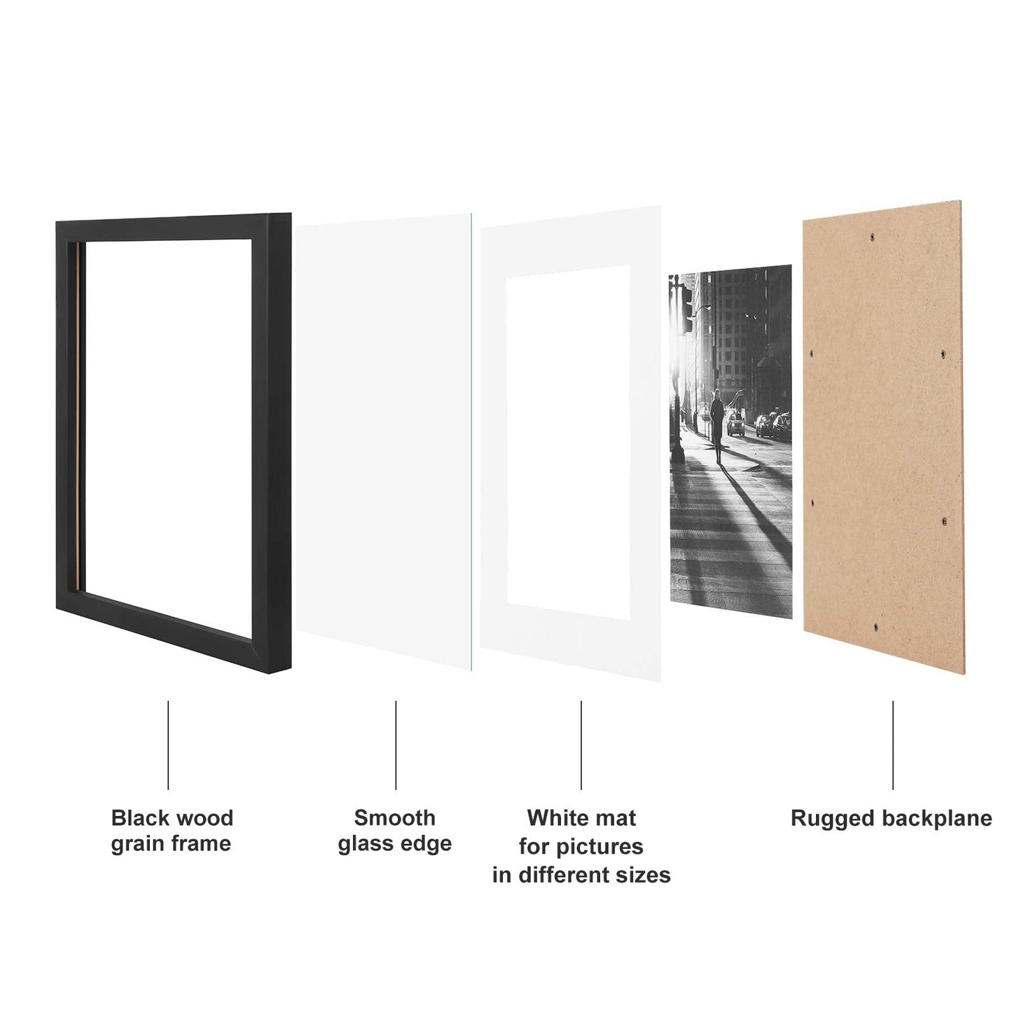 SONGMICS Picture Frames with 7 Mats, Set of 7 Collage Photo Frames, One 11x14, Two 8x10, Four 6x8 Frames, Hanging or Table Display, Glass, Black URPF37BK