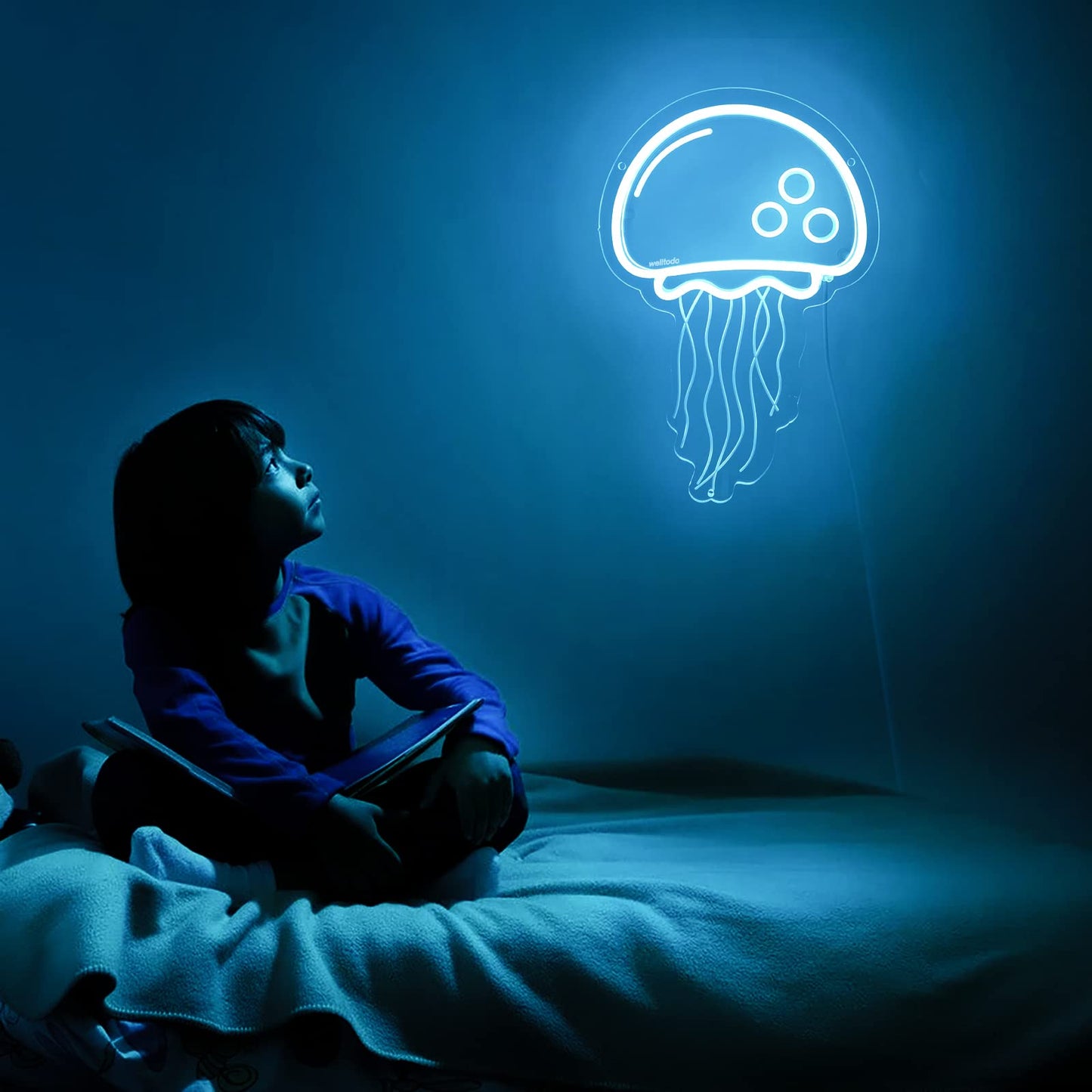 welltodo Jellyfish Neon Signs,Cool Ice Blue Neon Sign for Wall Décor, LED Neon Light Sign for Girls Bedroom Ocean Display Room,Kids Birthday Gift, Wedding Party, Holiday Decoration Powered by USB