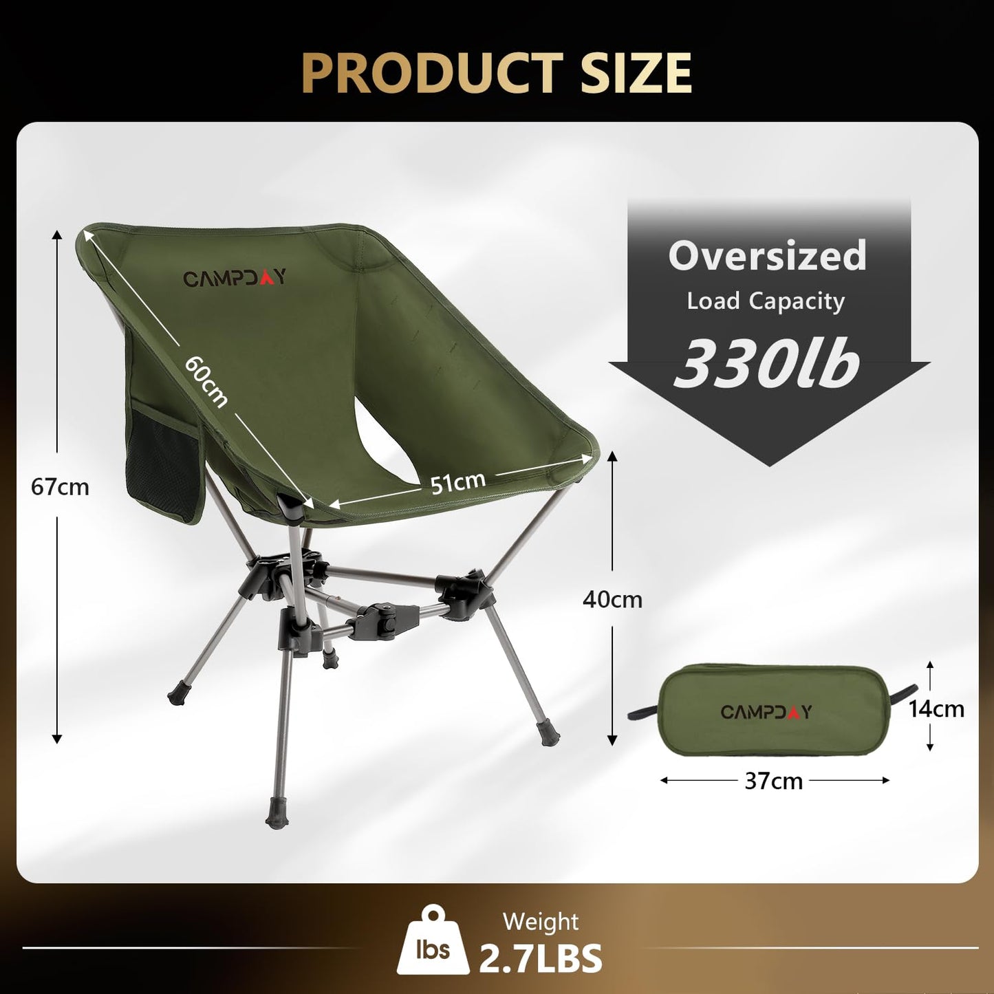 Campday Camping Chair Backpacking Portable Hiking Ultralight Small Lightweight Folding Chair for Outdoor Camp Beach Picnic Concert, Supports 330lbs (Green,1PCS)
