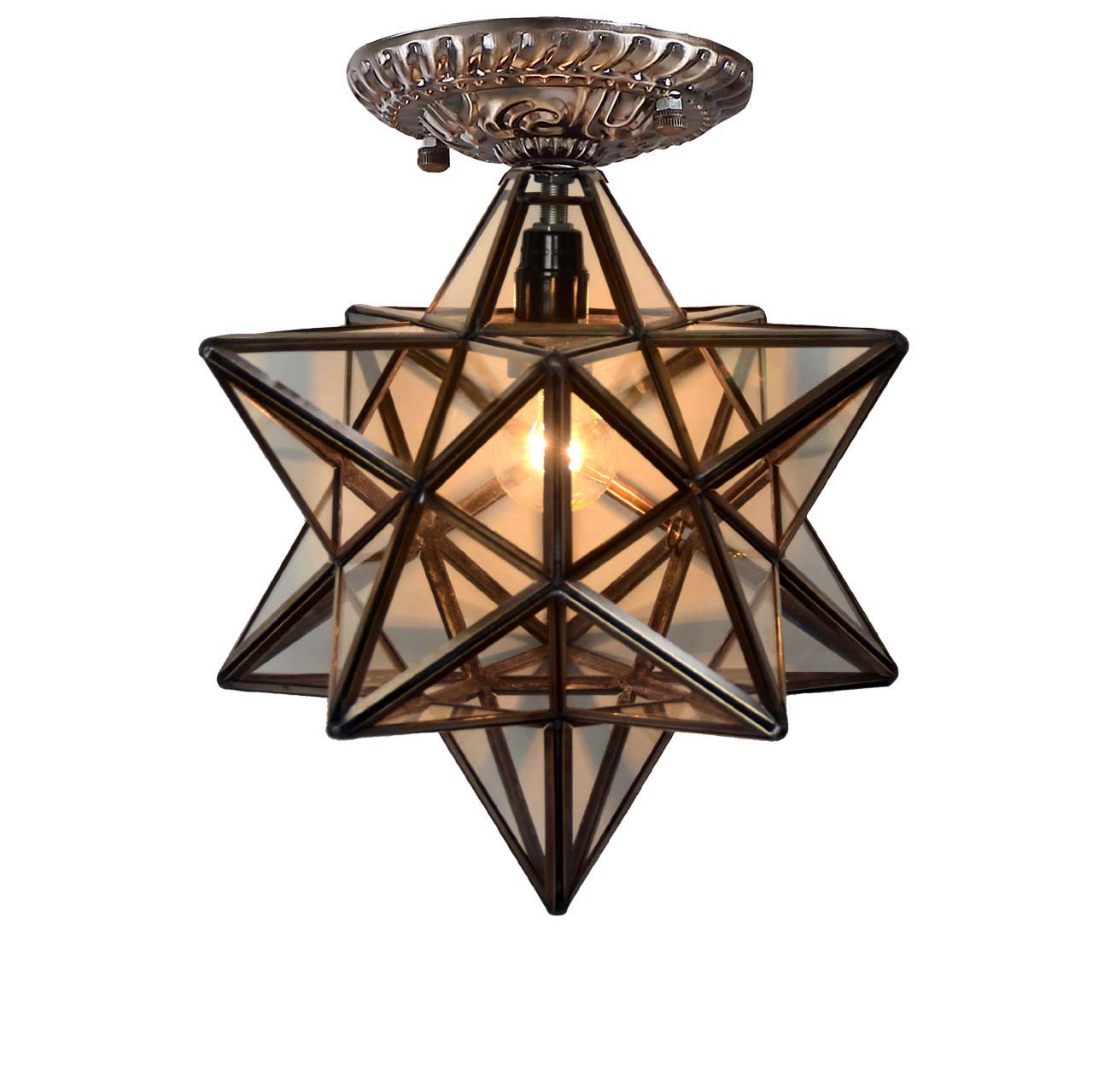Bieye L10821 12-inch Moravian Star Tiffany Style Stained Glass Semi Flush Mount Ceiling Fixture, Suitable for Decorating Room (Clear Glass)