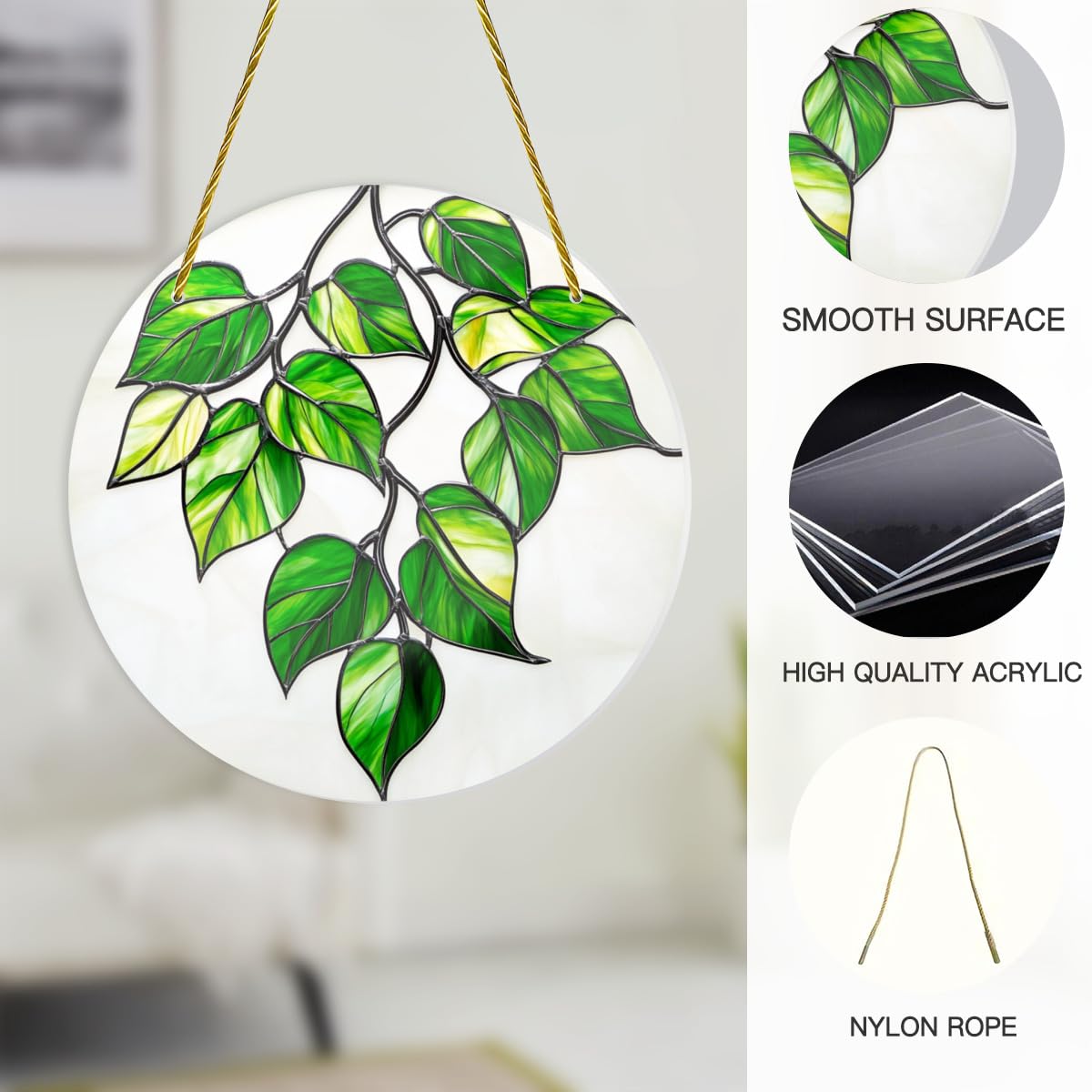 CDSASHCA Green Plants Shatterproof Acrylic Wall Art 6x6 Inch Nature Theme Decor for Living Room, Bathroom, Office Waterproof Stained Glass Panel with Leaf Patterns Easy Install Gift Idea
