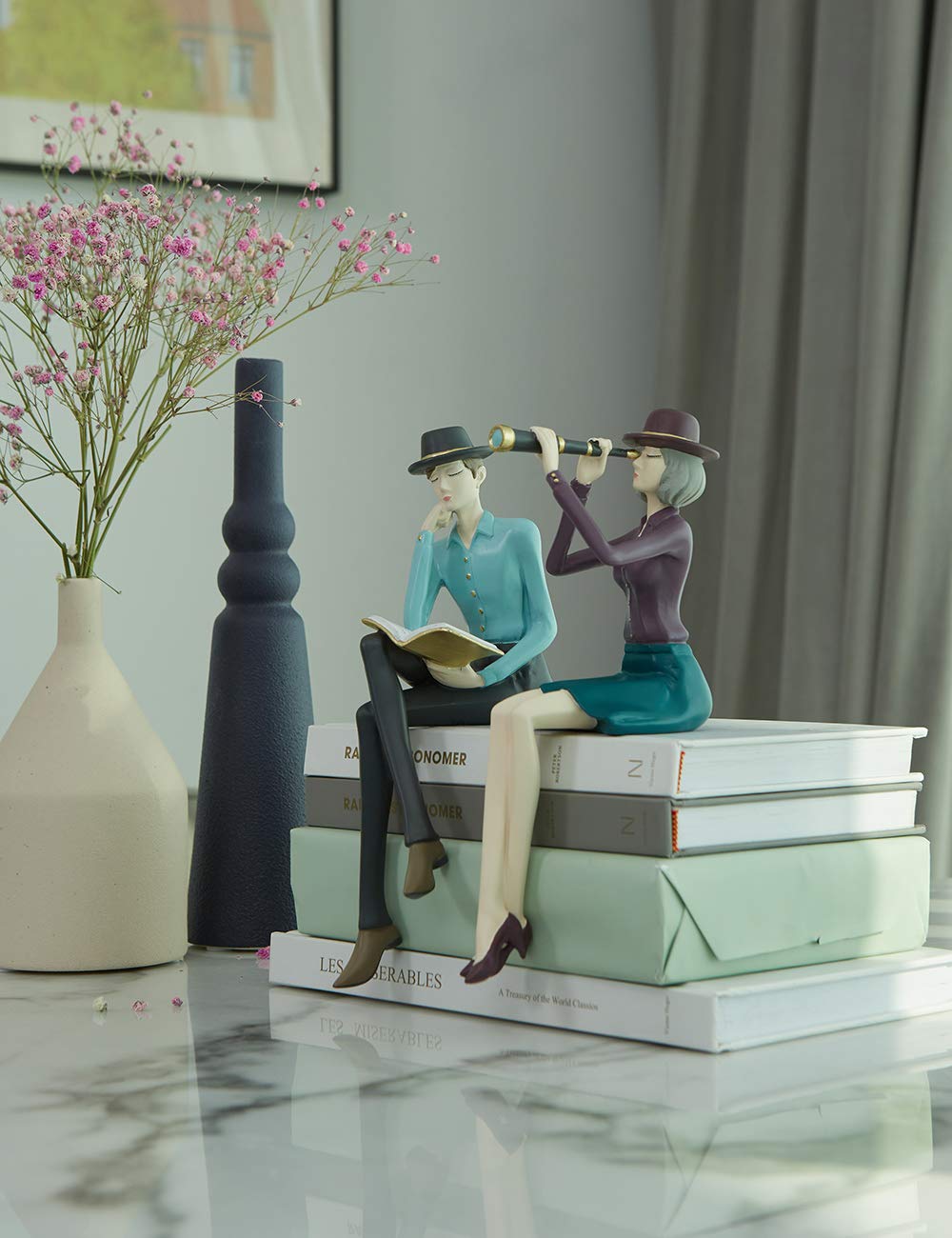 HAUCOZE Woman Figurine Statue Telescope Art Sculpture Modern Home Decor Gift for Living Room Bedroom Office Polyresin 9.1 Inch
