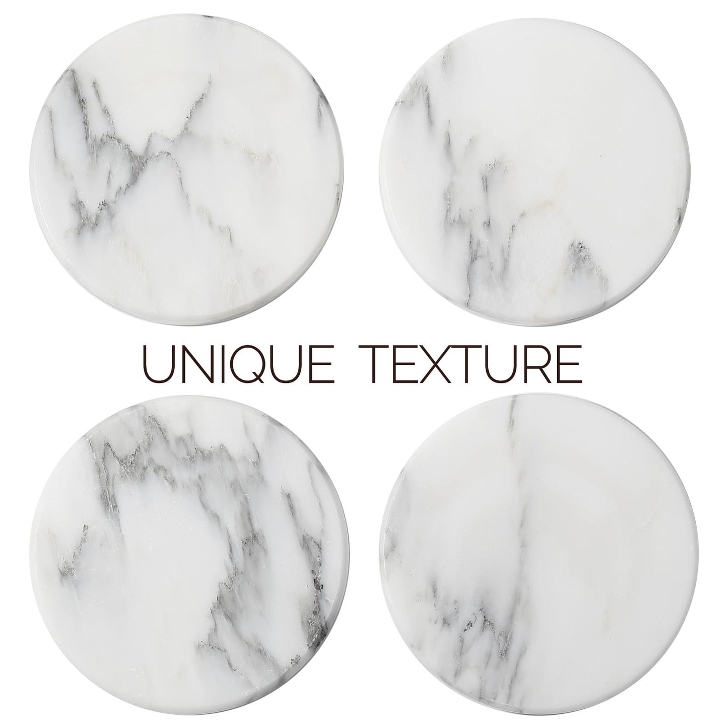 Koville Marble Coaster Set of 4, Round Coasters, 4" Stone Coaster for Drinks Coffee, Marble Coasters for Coffee Table Home Bar Decor, Heat Resistant, Gift Choice(Arabescato)