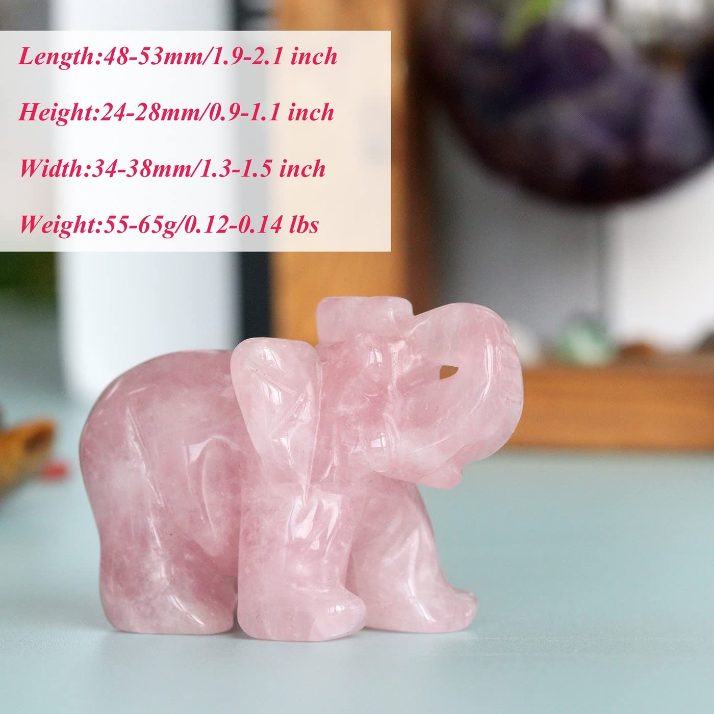 2" Rose Quartz Elephant Decor Healing Crystal Pink Cute Natural Hand-Carved Polished Figurines Statue Gemstone Energy Hippie Home Room Office Desk Decoration Valentine's Day Gifts for Women