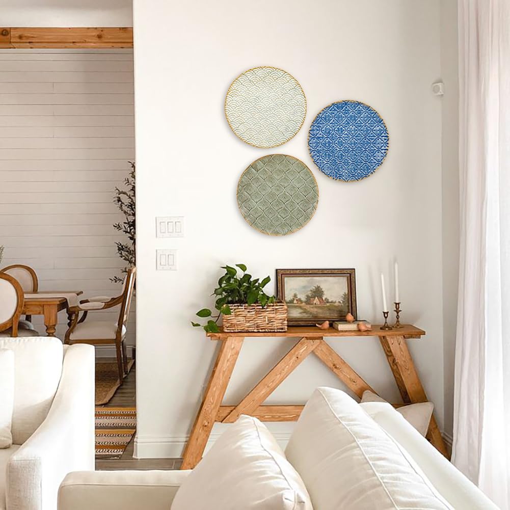 Briful 12" Wall Décor Pack of 3 Metal Blue White Washed Starbursts Radial Plate Wall Art Modern Accent Hanging Wall Decorations For Home Office Bedroom Or Living Room Wall Sculptures