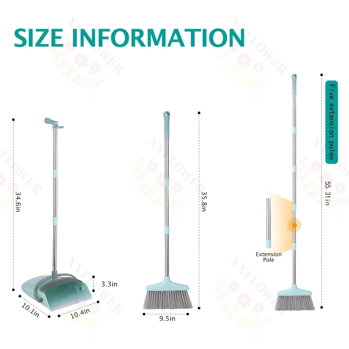 XXXFLOWER Broom and Dustpan Set with Cleaning Teeth, 55" Long Handle Indoor Sweeping Combo for Home Office Kitchen, Bluish Green