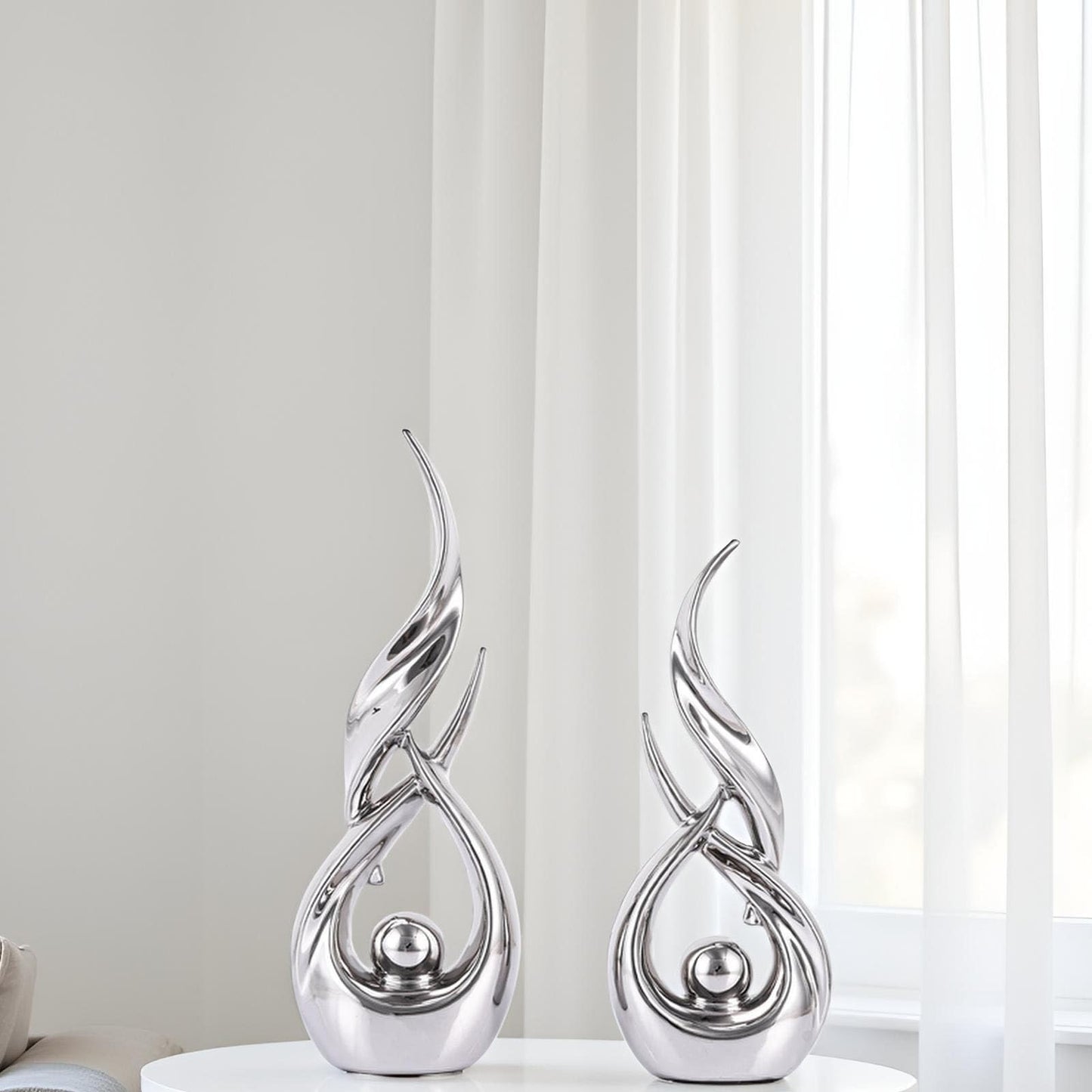 XMGZQ Gold Ceramic Abstract 2 Piece Statue Set,Mid Century Modern Abstract Art Home Decor Statue Mantelpiece on Unique Shelf Decor, TV Cabinet Divider Table top and Dining Table Centerpiece (Silver)