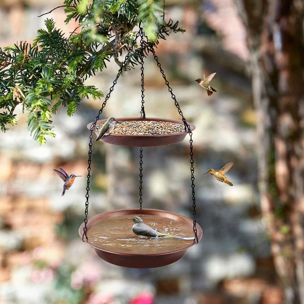 Keygift Hanging Bird Bath for Outdoor, 2-in-1 Antique Copper Metal Bird Feeder&Birdbath Bowls with 23" Rust-Proof Black Chains Backyard Birdbath Garden Decor
