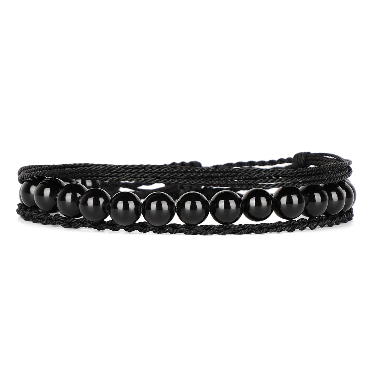 QOGIR Handmade Healing Stones Bracelet,8mm Natural Black Tourmaline Gemstone Beads Bracelet,for Men Women Gifts with 2PCS Size Adjustable Rope Bracelets