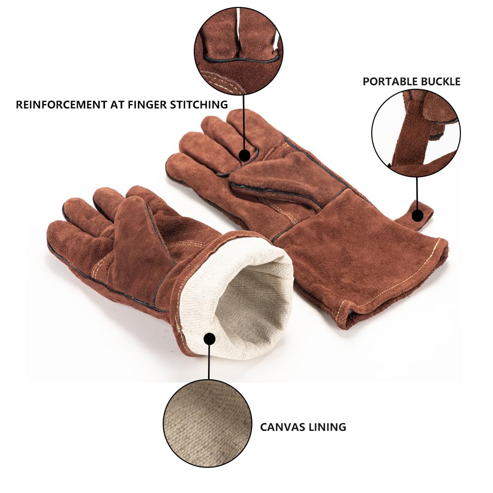 LAIKEANDUN Fireproof Gloves for Fireplace & Fire Pit, Welding Gloves for Men & Women - 14 Inch Heat Resistant Leather Work Gloves (662℉) for MIG/TIG, BBQ, Camping - Premium Cowhide, Durable