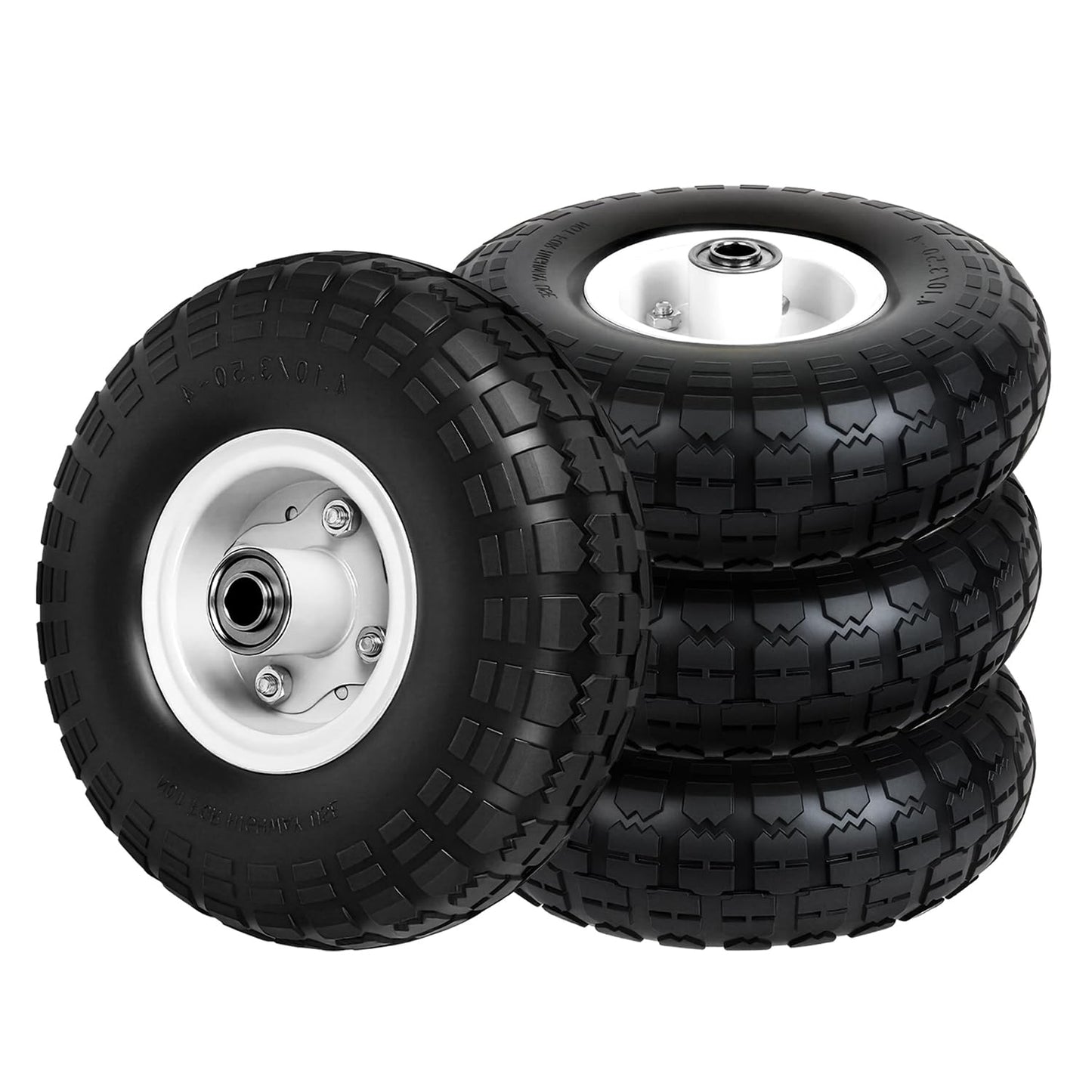 4.10/3.50-4 Tire and Wheel Flat Free, 10" Solid Tire 220LB Capacity Each, with 5/8" Bearings and 2.1" Offset Hub, for G orilla Cart, Garden Cart, Trailer, Dolly, Hand Truck, Wagon, 4 Pack, Silver