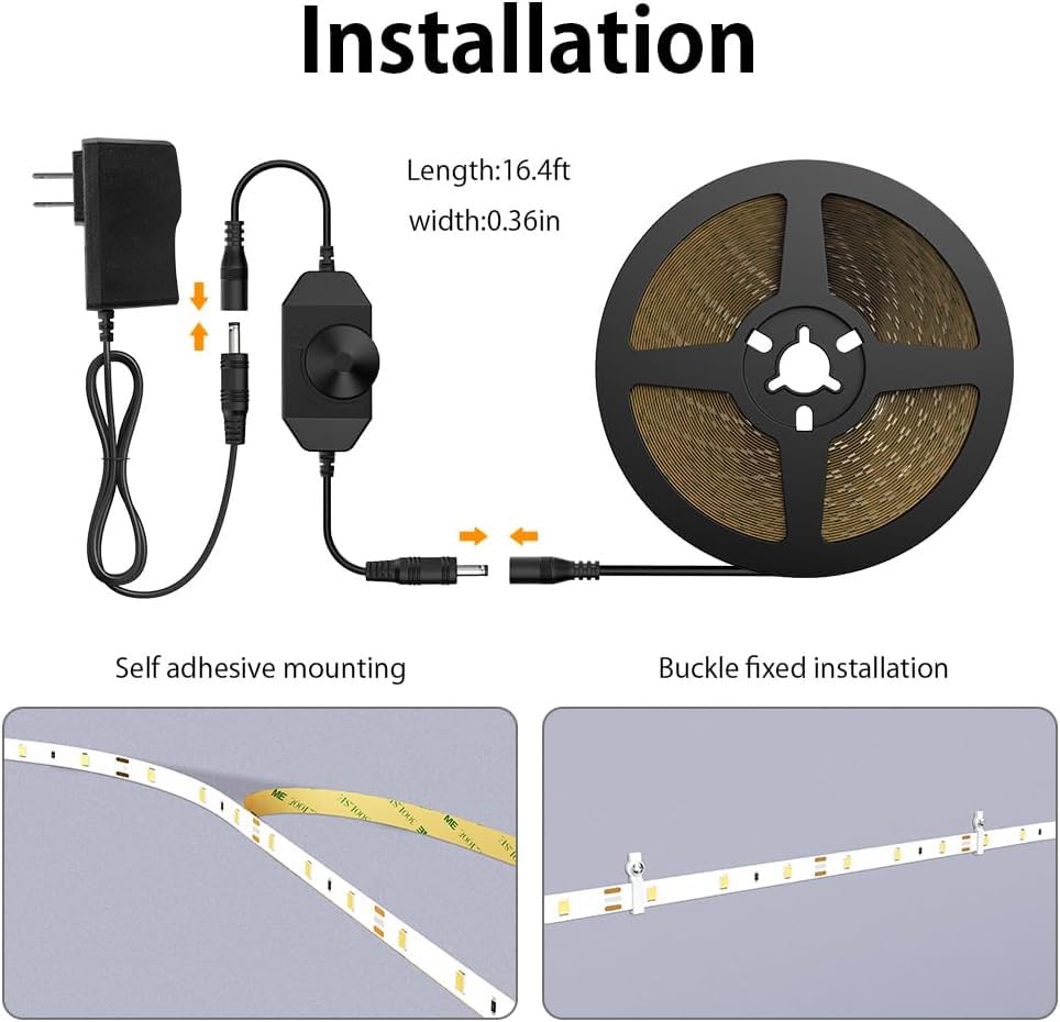 Onforu LED Light Strip,16.4ft Dimmable LED Tape Light, 6000K Daylight White Strip Lighting, 300 LEDs Flexible Vanity Mirror Light, 5M 12V Ribbon Rope Light for Bedroom, Under Cabinet,Kitchen,Christmas