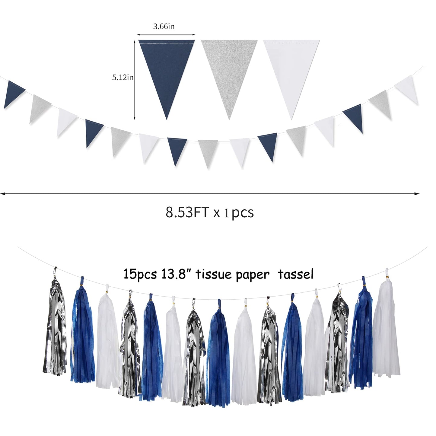 Navy Blue White Silver Party Decorations,23pcs Kit Graduation 2025 Tissue Paper Pom Poms Streamers,Tassel Garland Banner Flowers,Men Birthday Bachelorette Baby Shower Christmas Decor Lasting Surprise