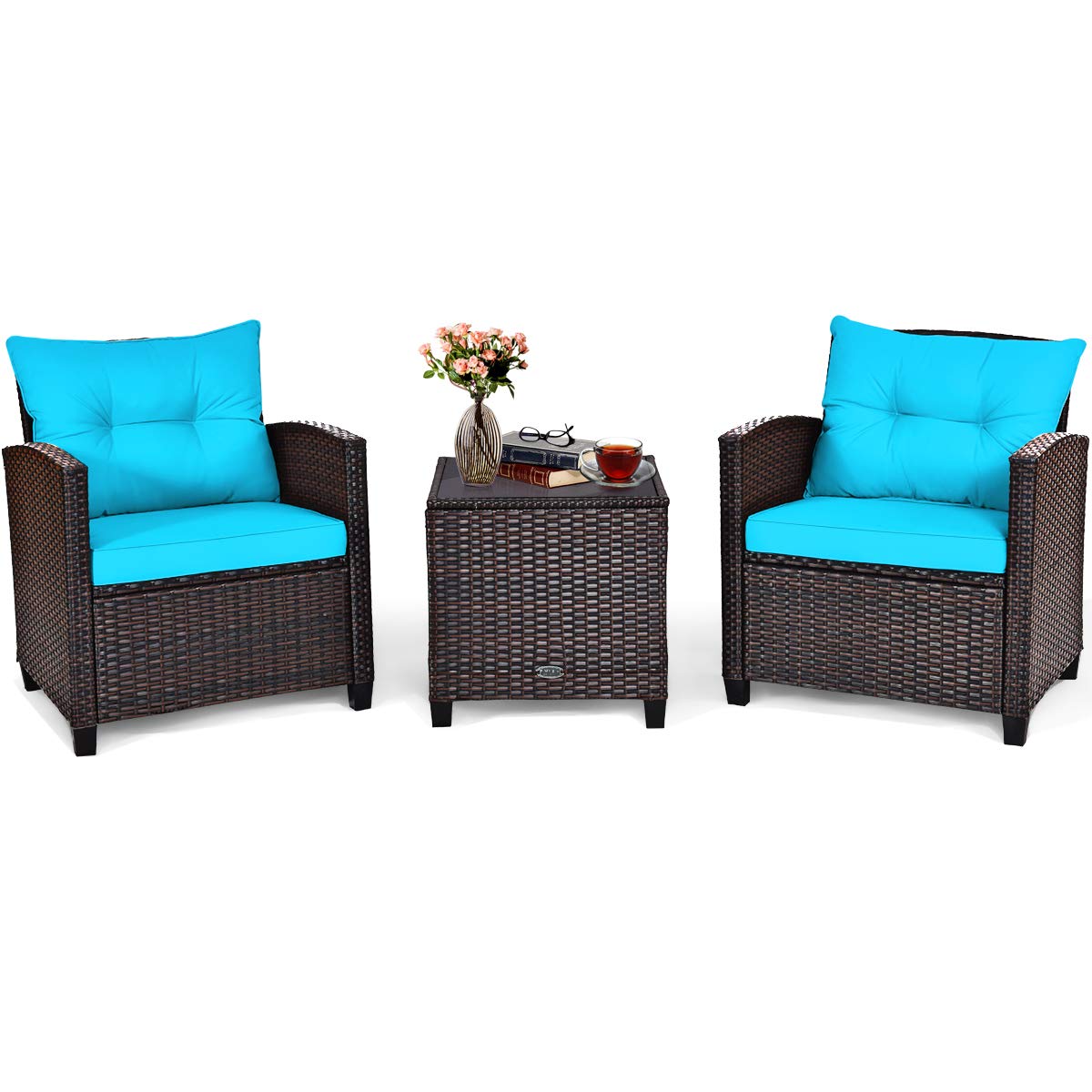 COSTWAY 3PCS Patio Furniture Set, PE Rattan Wicker Sofa w/Washable Cushion and Coffee Table, Tempered Glass Tabletop, Outdoor Conversation Set for Balcony, Porch, Yard, Backyard, Lawn, Turquoise