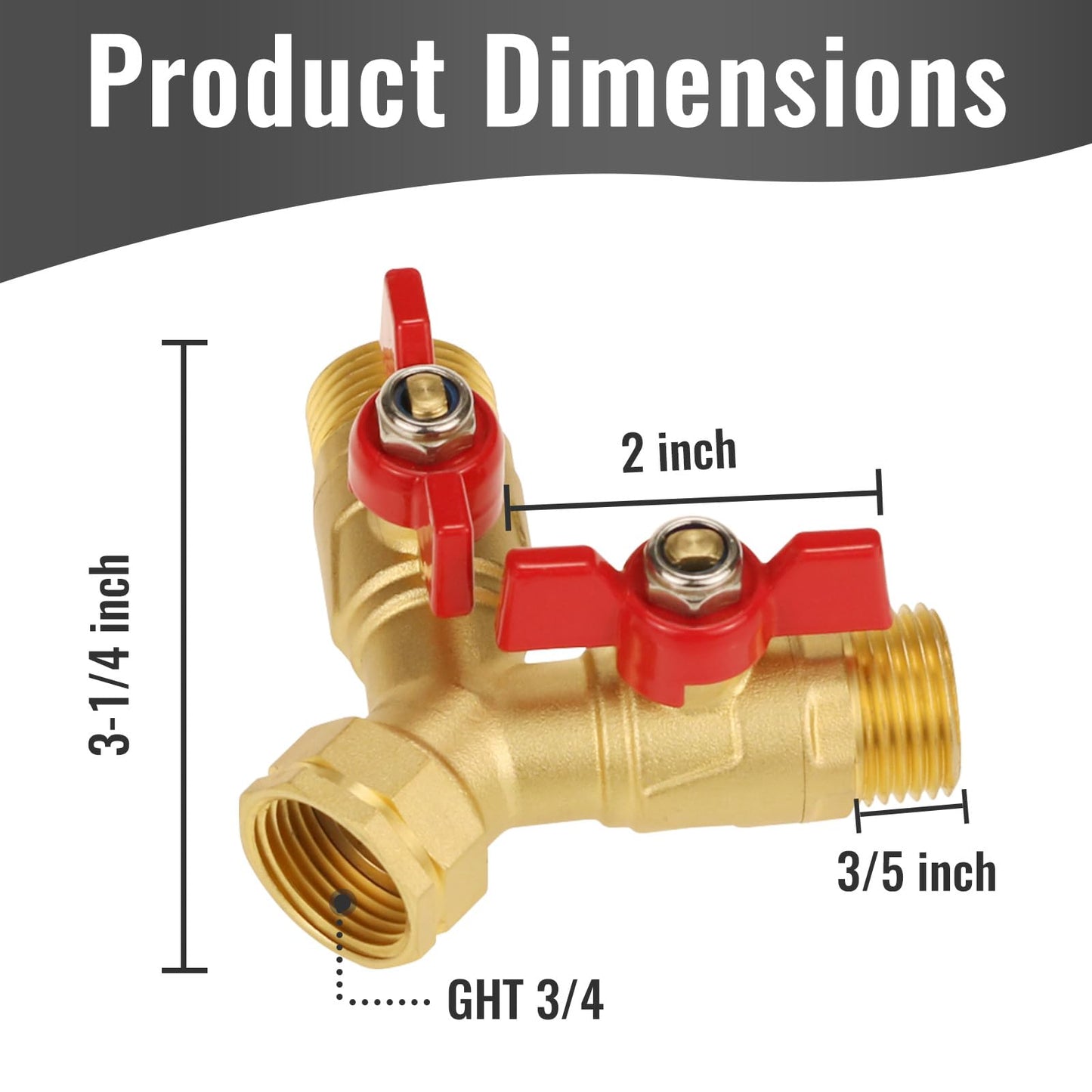 Angry Pony Brass Garden Hose Splitter 2 Way with Shut Off, Heavy Duty 3/4 GHT Hose Y Splitter for Outdoor Faucet, Dual Water Spigot Connector for Garden Watering, Sprinkler and Car-Washing