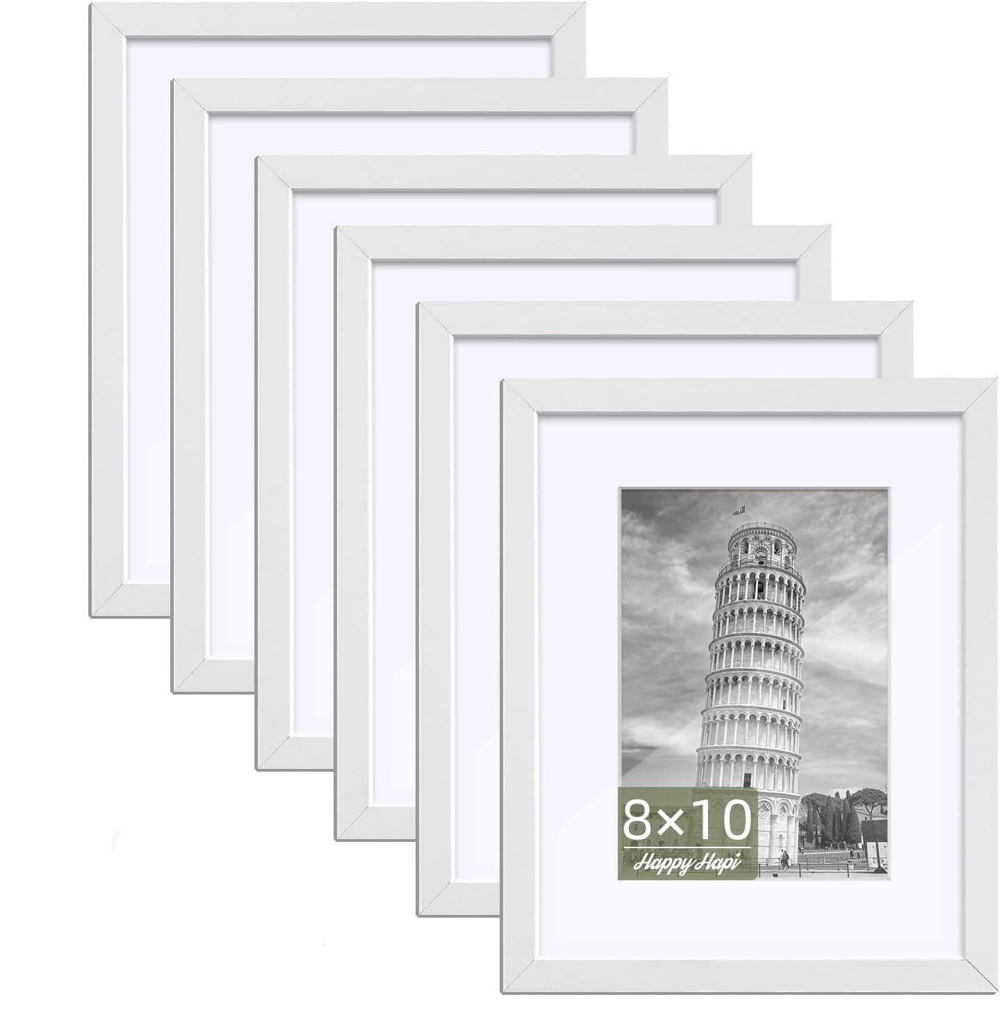 HappyHapi 8x10 Picture Frame Set of 6, 8x10 White Picture Frame Display Pictures 5x7 with Mat or 8x10 Without Mat. Wall Hanging Photo Frame or Tabletop Display Gallery Frame (White)