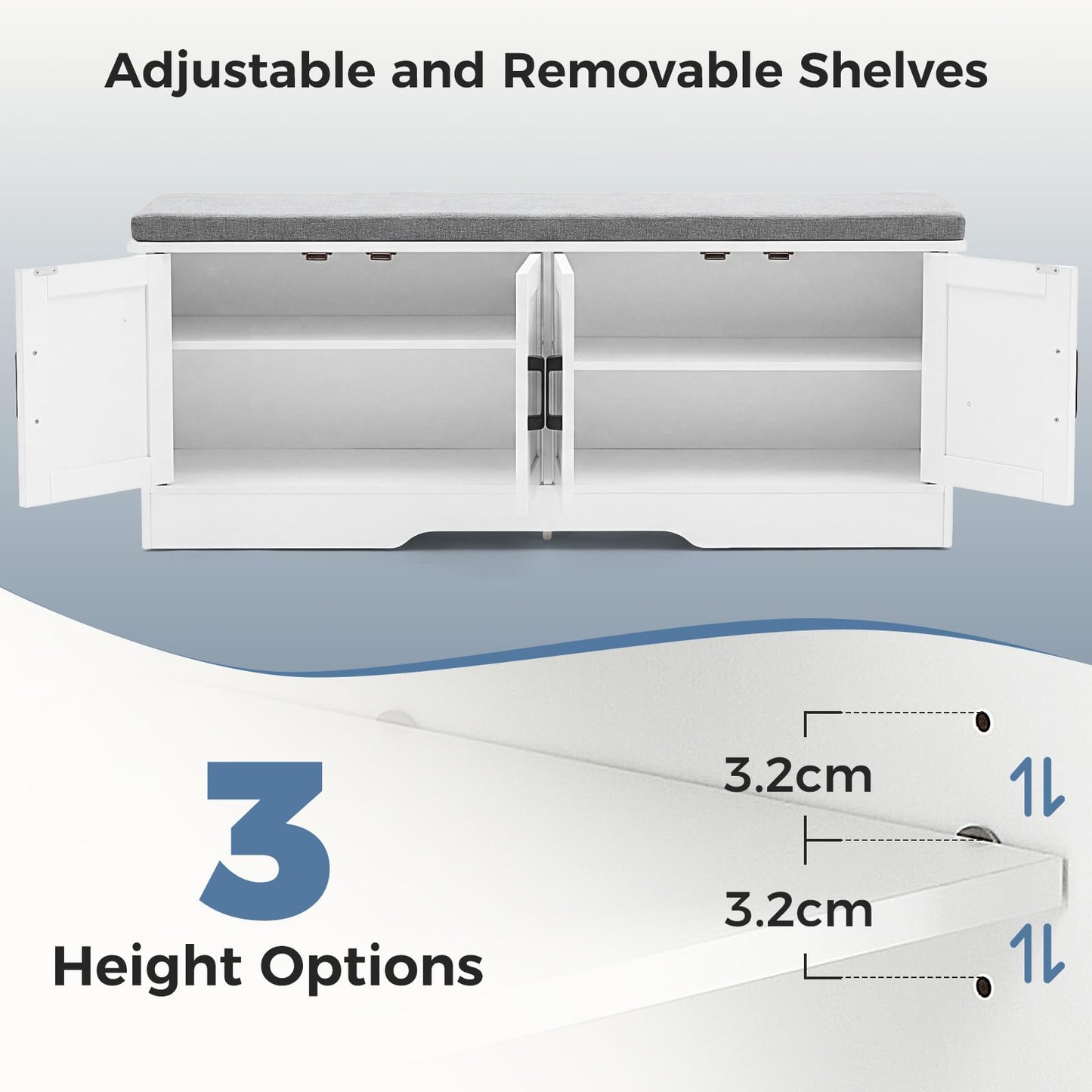 DUMOS Shoe Storage Bench, 47" Wide Shoe Organizer Cabinet with Padded Seat Cushion, 4 Doors, Adjustable Shelf for Entryway, Hallway, Bedroom, Living Room, White