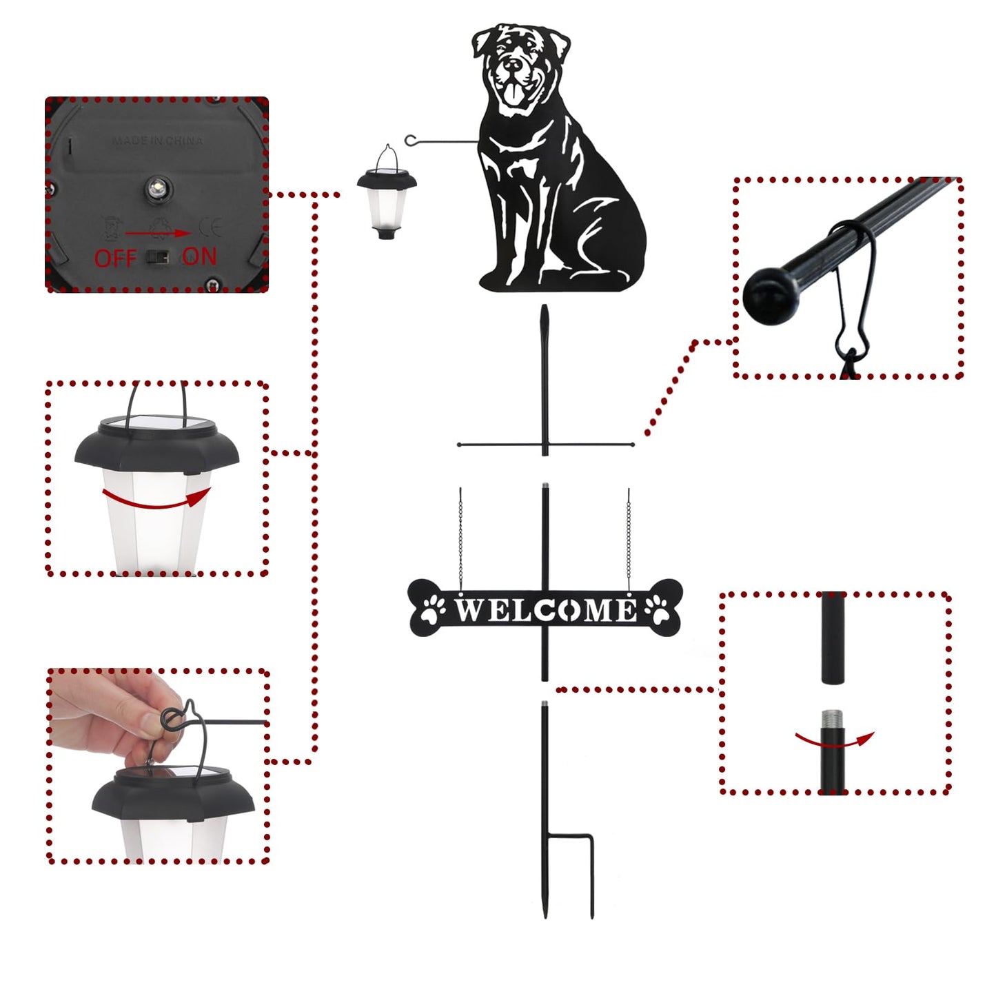 BAYN Solar Rottweiler Silhouette Dog Breed Welcome Sign with a Lantern Outdoor Decorative Garden Stakes for Yard, Lawn, Patio, Pathway