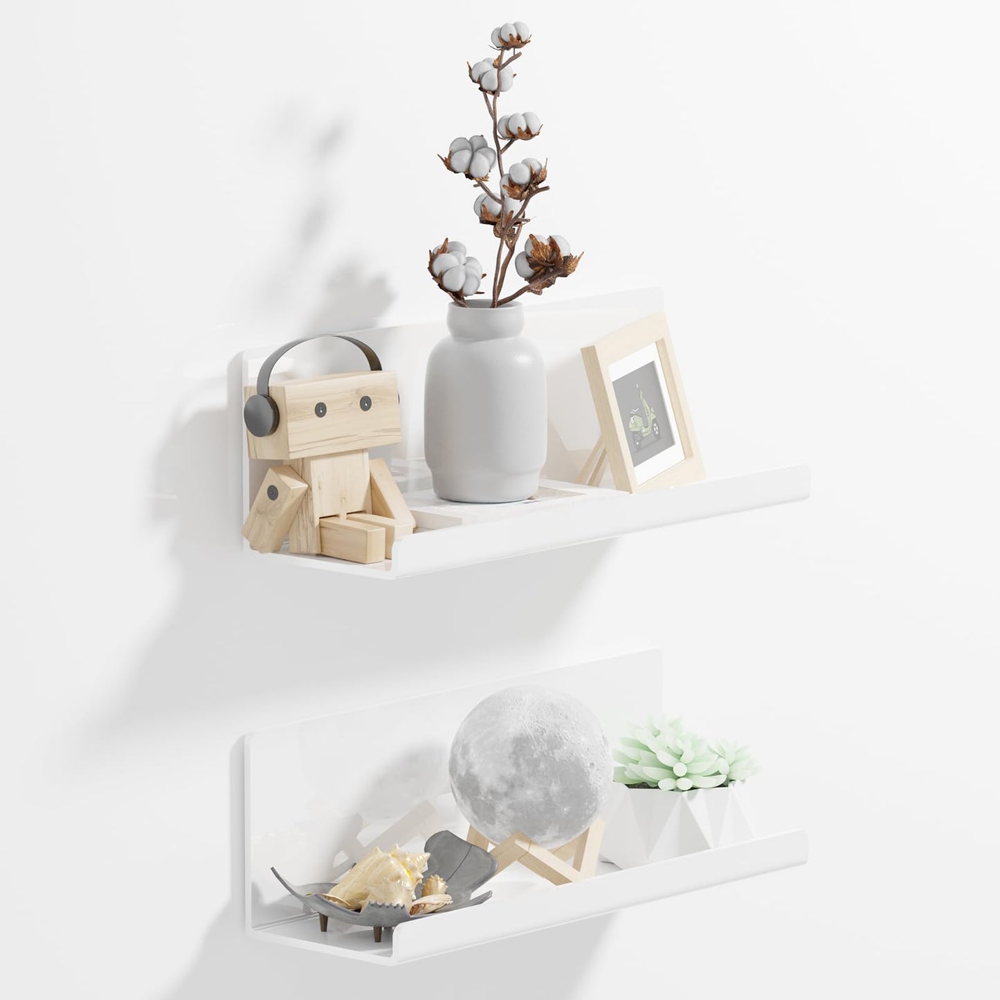 PAVSTINE Acrylic Wall Floating Shelves Set of 2, Wall Shelves White 12 Inch Adhesive Wall Organizer Adhesive Shelf for Bathroom, Kitchen, Bedroom, Office, Gaming Room, No Damage, No Drill