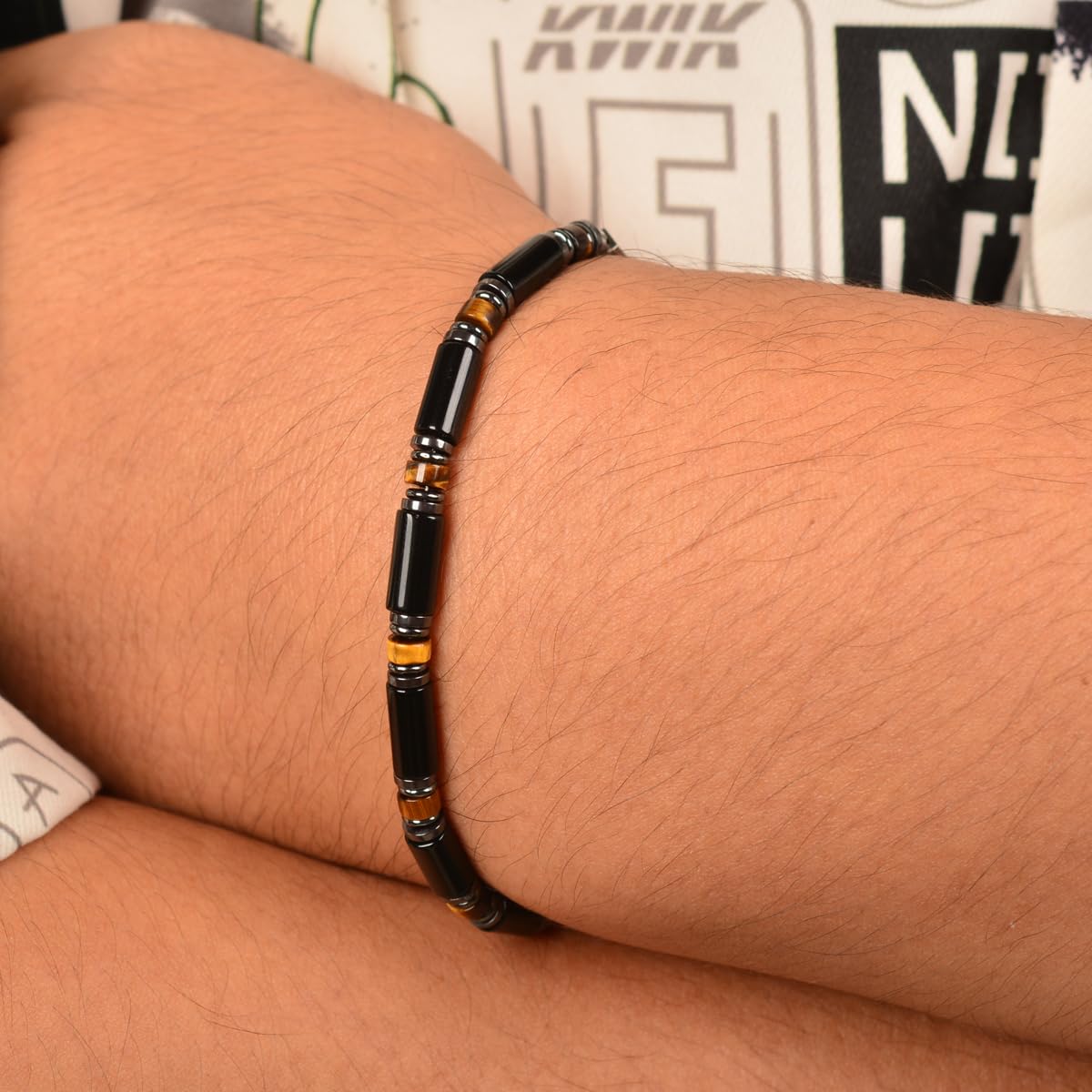 Casvia Men's Black Onyx Hematite Tiger Eye Chakra Beaded Gemstone Bracelet, Handmade Adjustable Dual Clasp 6.89-8.8 Inches, Comfort Fit Everyday Wear, Ideal Gift for Him