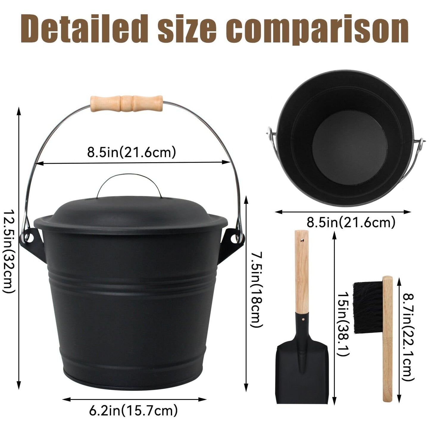 BRIAN & DANY Mini Ash Bucket with Lid and Shovel, 1.3 Gallon Fireplace Bucket with Broom, Ash Can for Fireplace, Ashes, Fire Pit, Wood Burning Stove