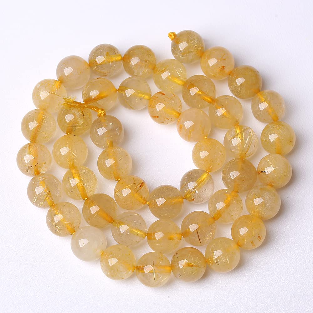 10mm 36pcs A+ Natural Gold Rutilated Quartz Crystal Stone Beads for Jewelry Making DIY Bracelet Necklace 15" Energy Healing Power Stone Beads (Gold Rutilated Quartz, 10mm)