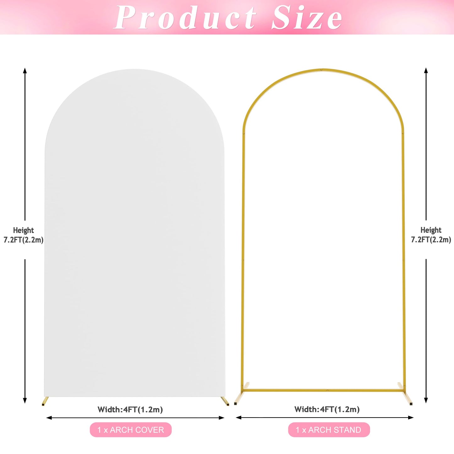Wokceer 7.2 FT Wedding Arch Backdrop Stand and White Arch Cover, Metal Arch Stand with Arch Stand Cover for Birthday Party Wedding Ceremony Bridal Baby Shower Event Decor
