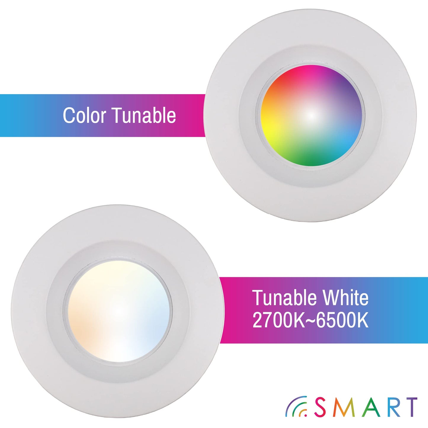 CLEANLIFE 2-Pack Smart LED Recessed Lighting Retrofit Downlight RGB + Tunable White Color Changing Bluetooth + WiFi Dimmable LED Can Lights Fits 5 and 6 inch - 12W, 65W Equivalent, App Enabled