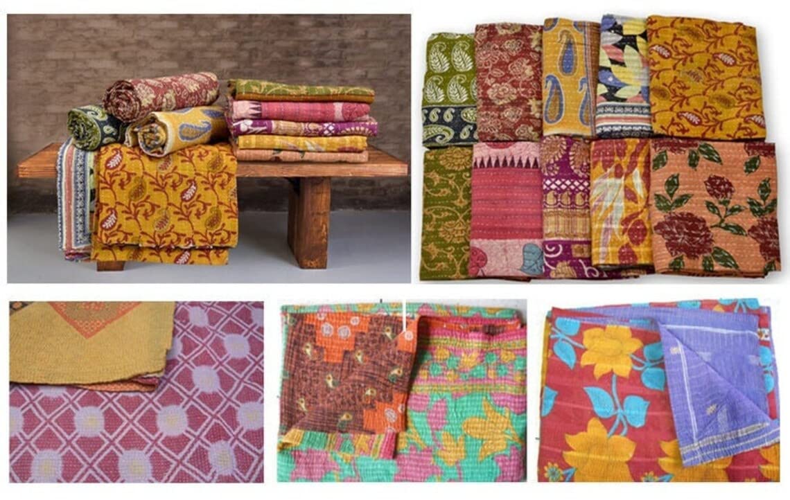 Krati Exports Vintage Kantha Quilts Handmade Old Saree Made gudari Boho Bedding Throw Blanket Bedspread Rally