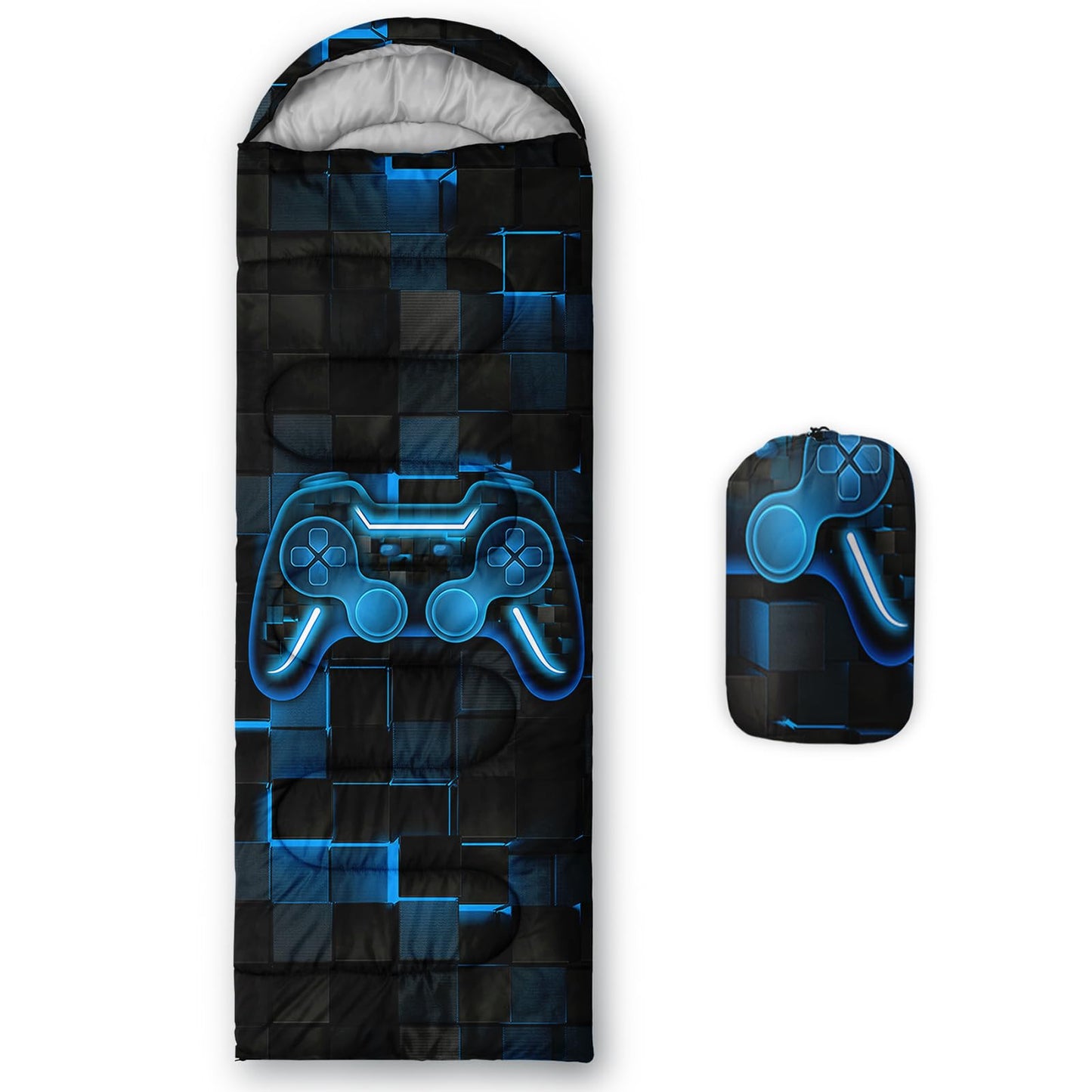 Axolotl Gamepad Sleeping Bag,3 Season Warm and Cool Weather Game Console Sleeping Bag for Boys Teens,Waterproof Lightweight Geometry Hexagonal Sleeping Bag for Traveling,Outdoors Camping,Blue,Black