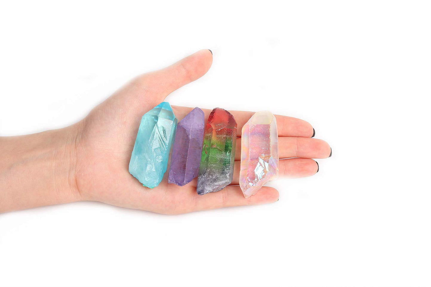 JIC Gem 4 pcs Auqa Aura, Angel Aura, Angel Amethyst, Tourmaline Healing Crystal Single Point Wand Natural Gemstone Polished Tumbled Stone or Crystal Healing, Reiki, and Home Decor