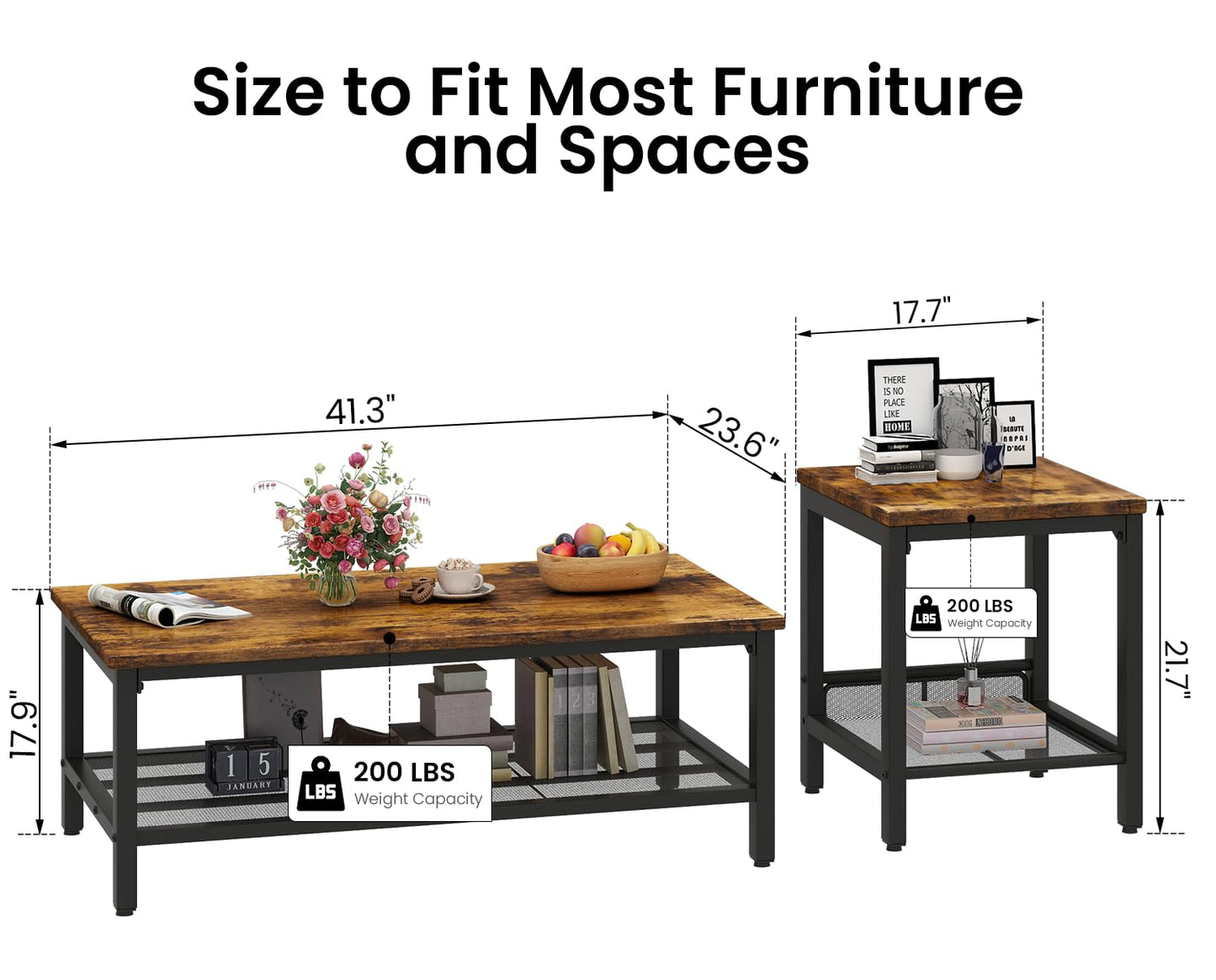 DKLGG Coffee Table Set of 3, Vintage Wood Coffee Table & 2 End Tables, Square Tabletop Modern Industrial Living Room 3-Piece Set for Apartment Home Office, Rustic Brown