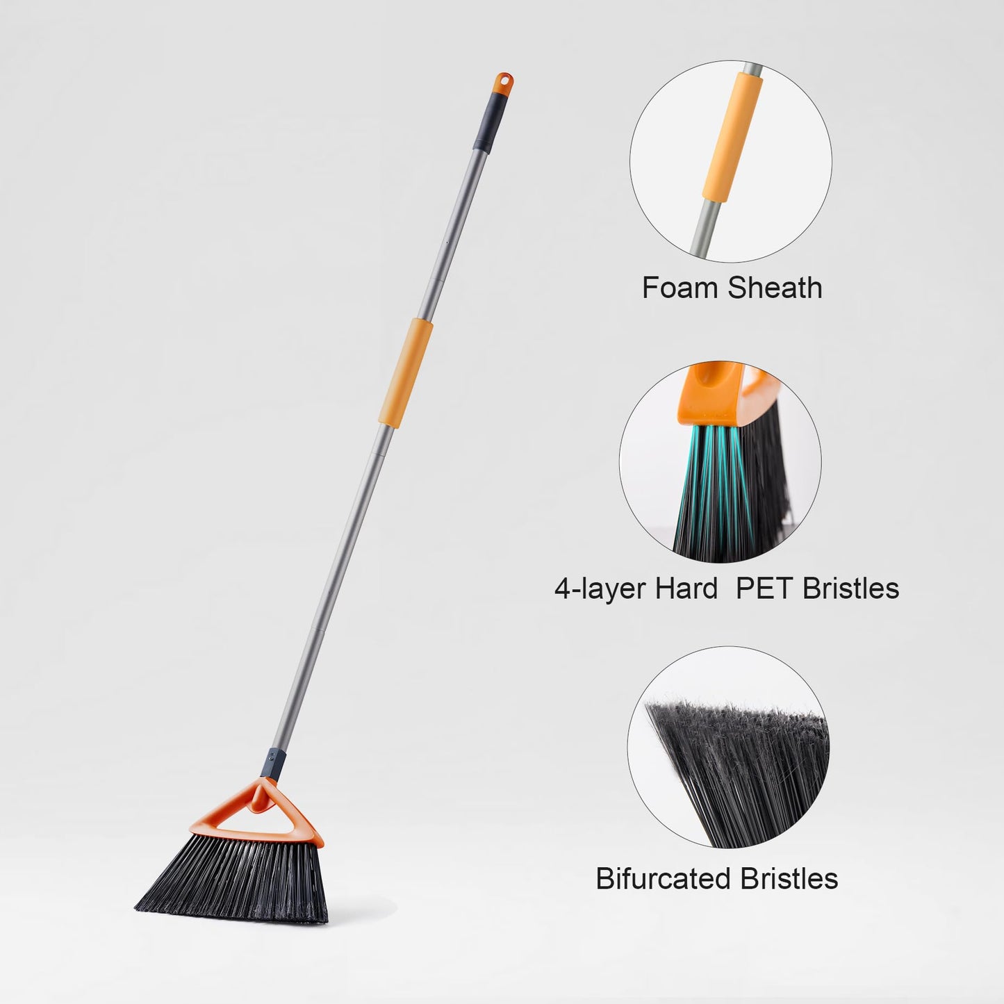 CLEANHOME Heavy Duty Broom with Dustpan Combo Set Indoor and Outdoor Dual Purpose,Stiff Bristle Commercial Angle Broom and Standing Dust Pans with Long Handle for Sweeping Home,Kitchen,Yard,Grey