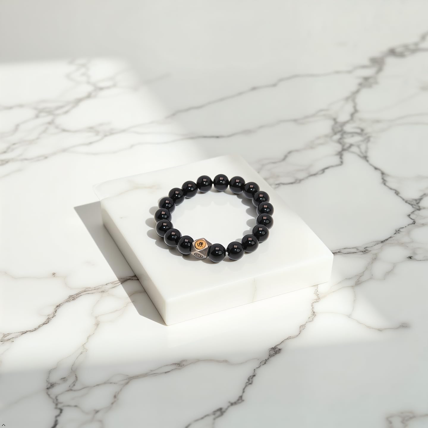 FAIRY CONCEPT Natural Black Obsidian Beaded Bracelet with Metal Charm, Polished Stone Beads, Elastic Stretch Design, Unisex Protection Jewelry