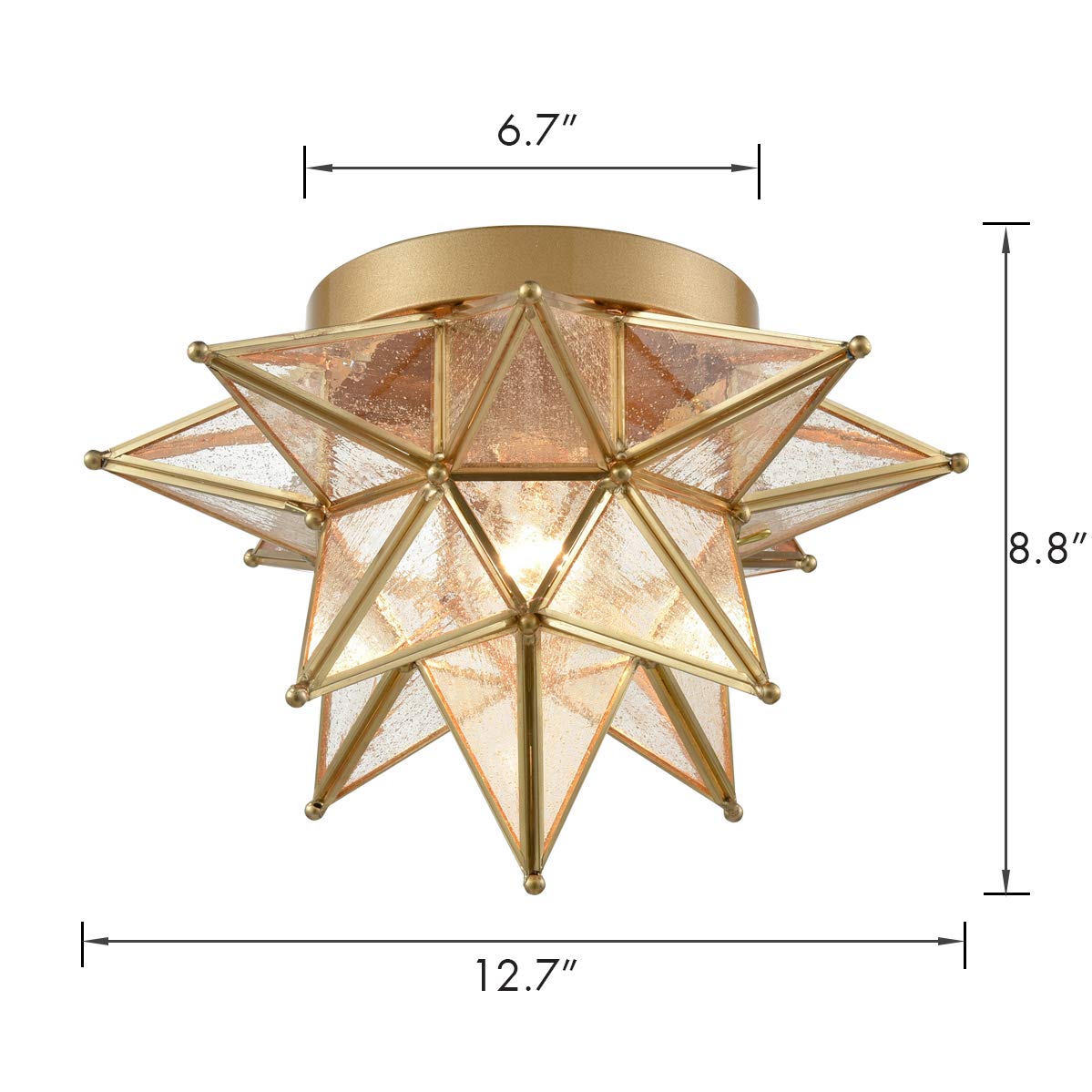 DAYCENT Brass Moravian Star Flush Mount Ceiling Light with Seeded Glass Shade Modern Gold Moroccan Star Ceiling Light Fixture for Hallway Bedroom Kitchen